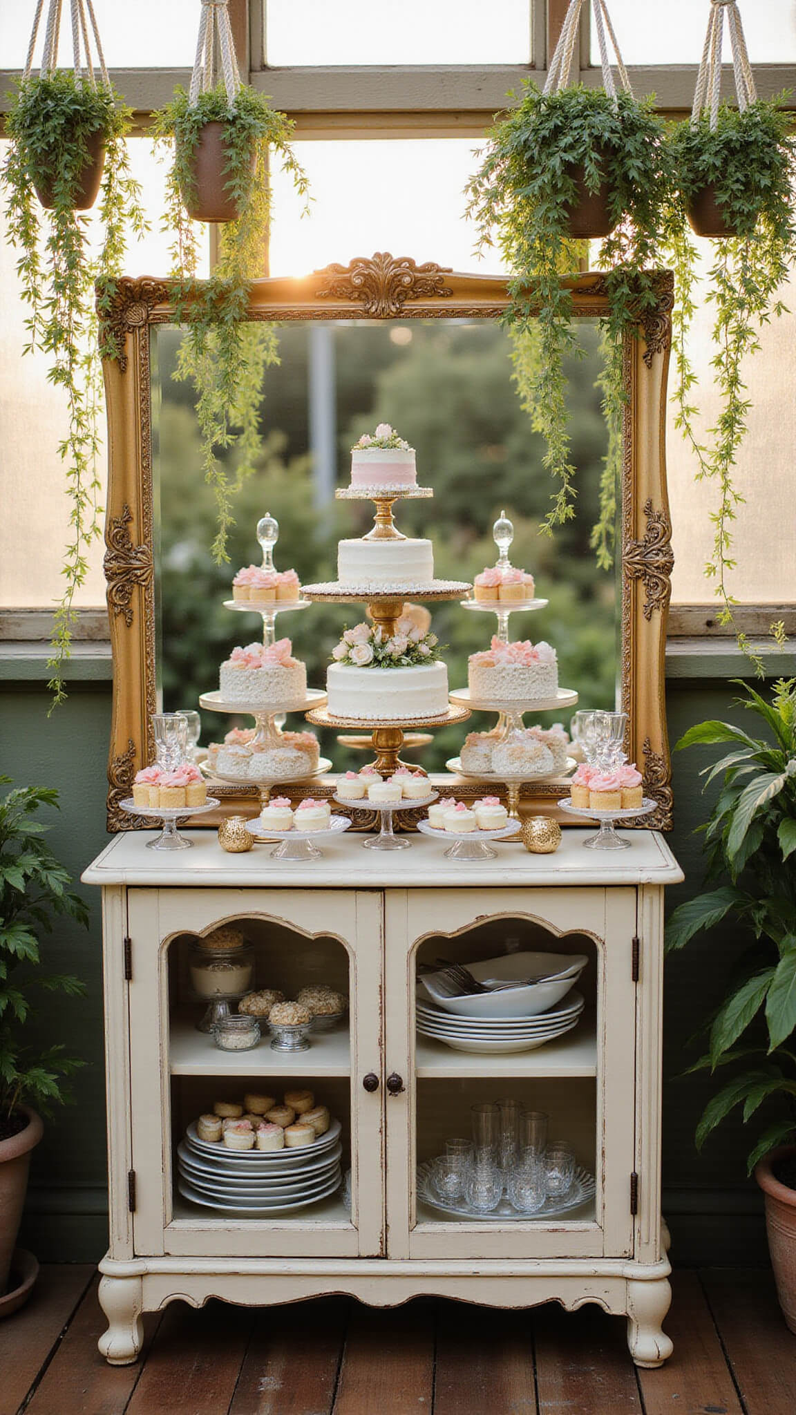 Elegant dessert display in greenhouse with antique mirrored cabinet, tiered cake stands, vintage platters, and macramé plant hangers, bathed in golden late afternoon light.