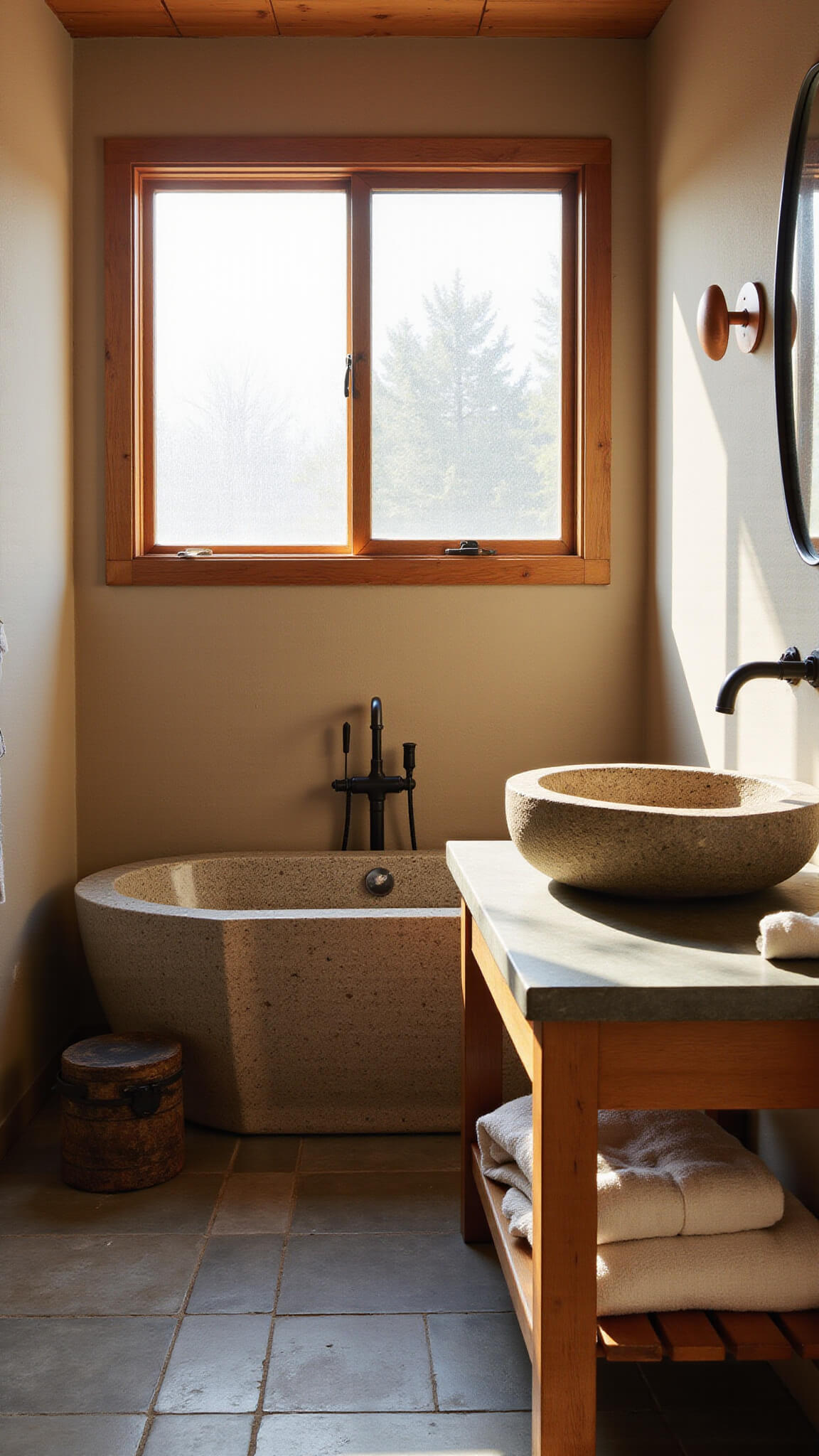Wabi-sabi bathroom at golden hour with stone bathtub, clay plaster walls, granite sink on teak vanity, and natural stone floor tiles.