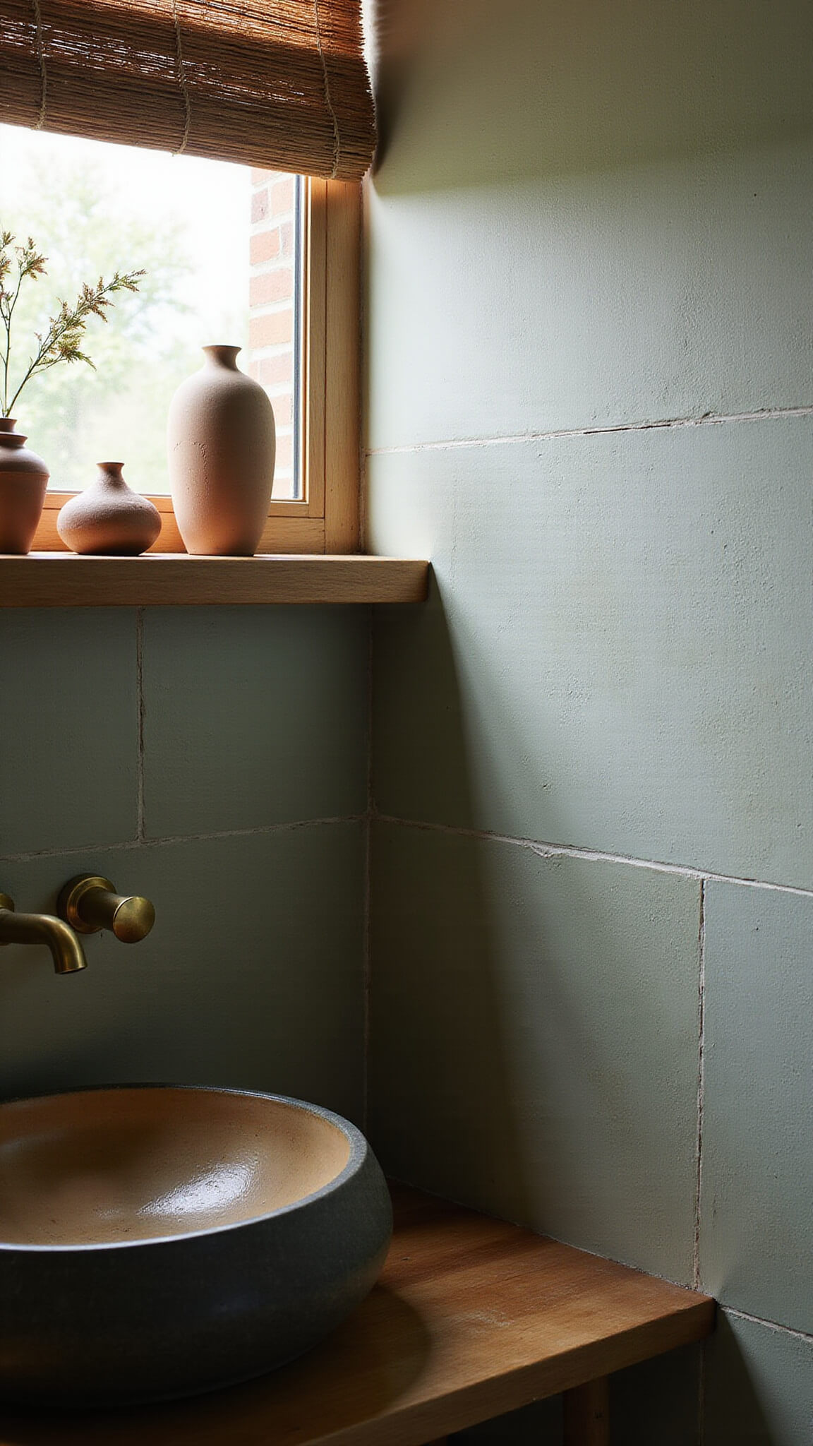 Close-up of a serene bathroom corner at dawn with morning light on a ceramic vessel sink, reclaimed wood shelf, dried botanicals, and vintage brass fixtures against a textured sage green limestone wall.