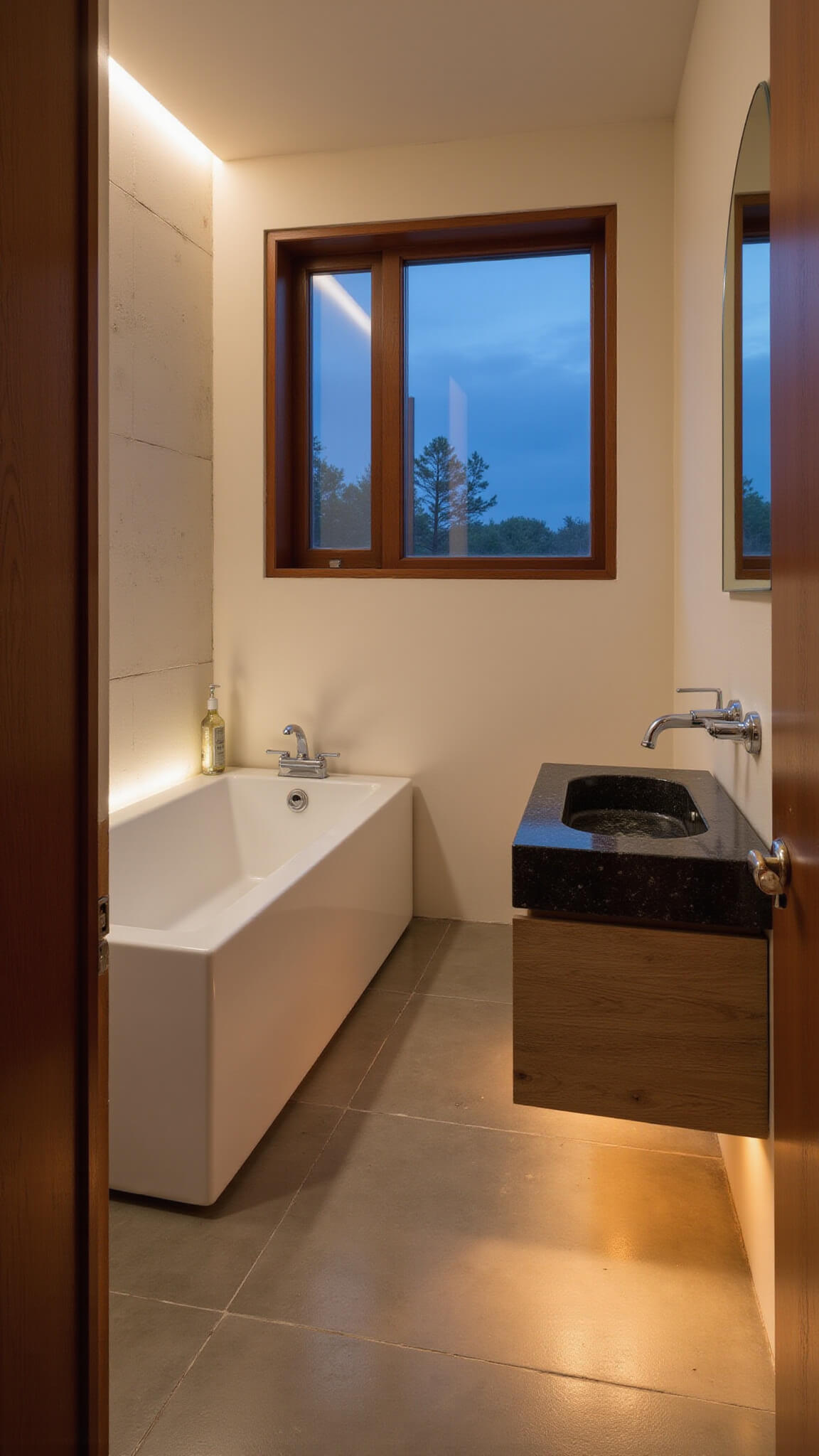 Minimalist 5x8ft bathroom at dusk with Japanese soaking tub, floating bleached oak vanity, venetian plaster walls, and concrete floor, softly lit with layered warm and natural lighting.