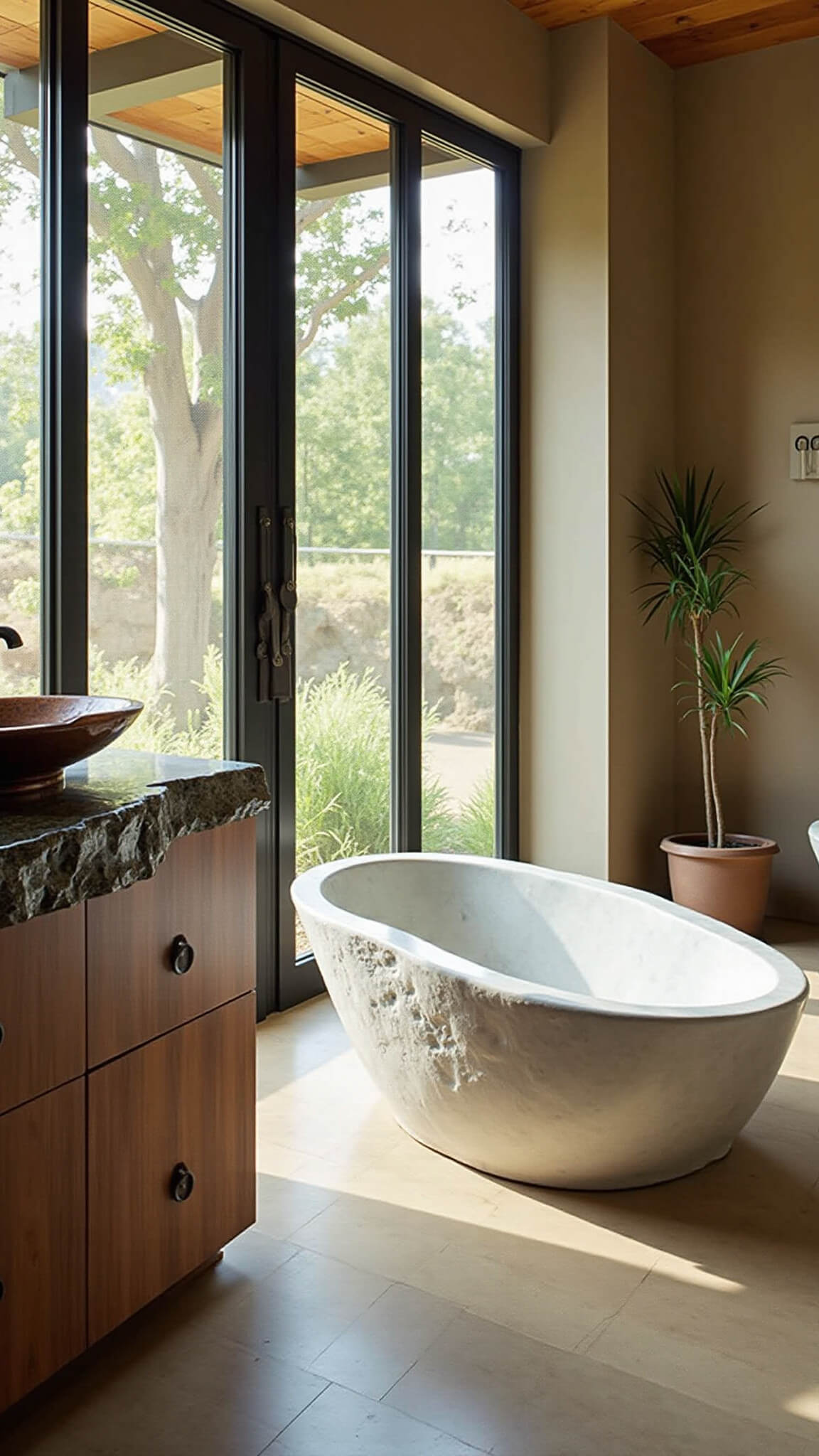 Luxurious master bathroom with marble oval tub, distressed walnut vanity, and earth-tone zellige tiles, bathed in natural afternoon light through privacy-screened windows.