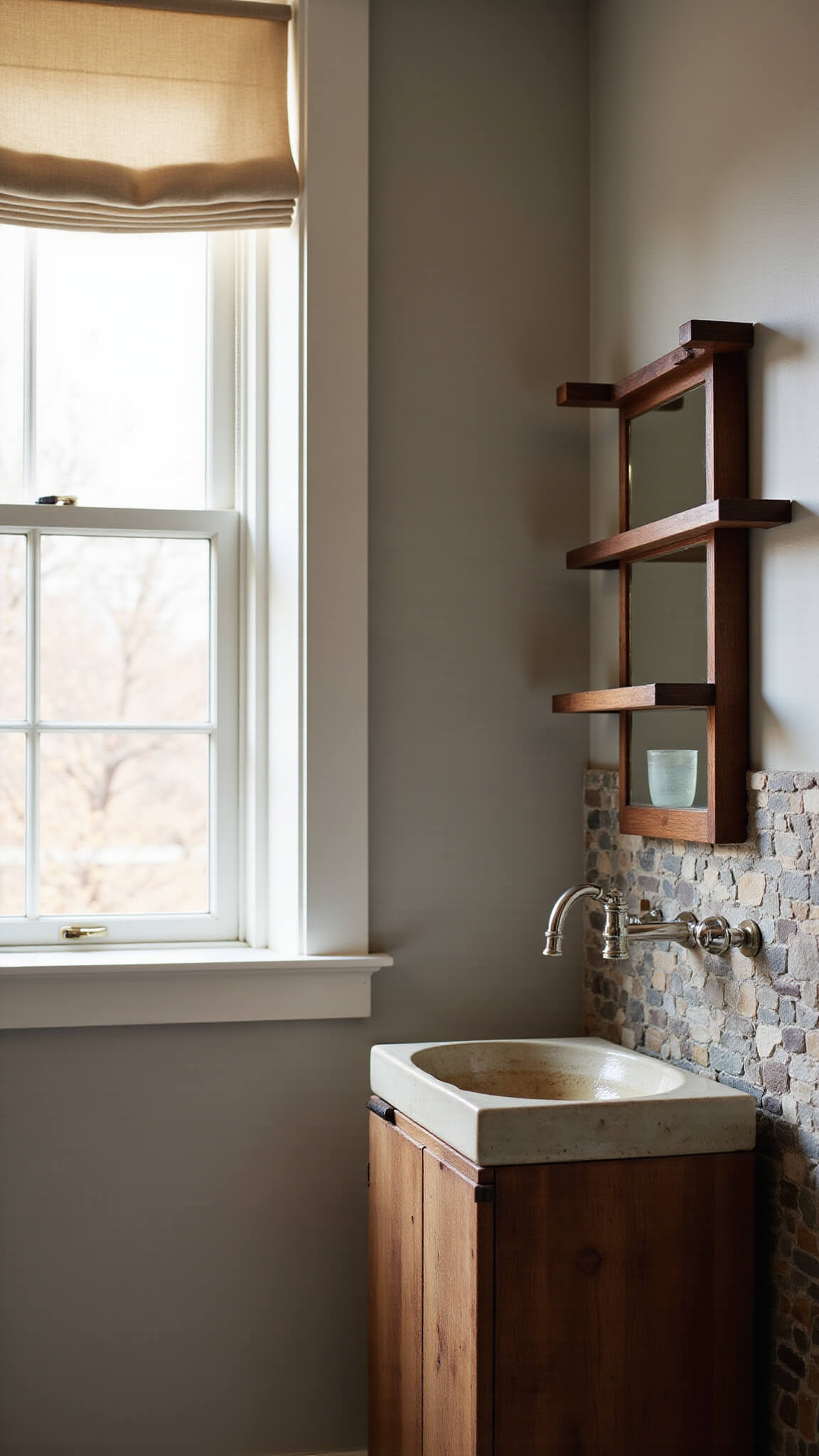 Close-up of a sunlit powder room highlighting a hand-thrown ceramic basin, weathered teak shelf, raw silk roman shade, and stone mosaic backsplash with intimate, textured details.
