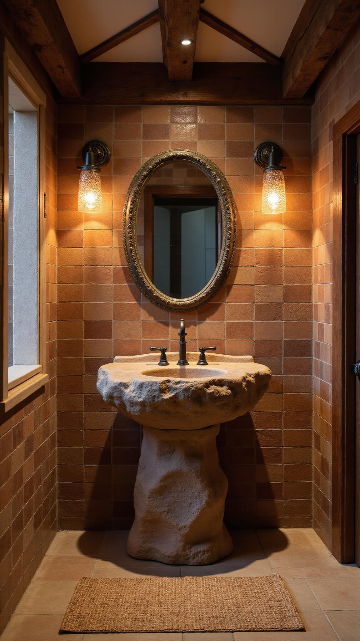 Rustic twilight bathroom with sculptural stone pedestal sink, bronze mirror, clay tile wall, and reclaimed wood beams.