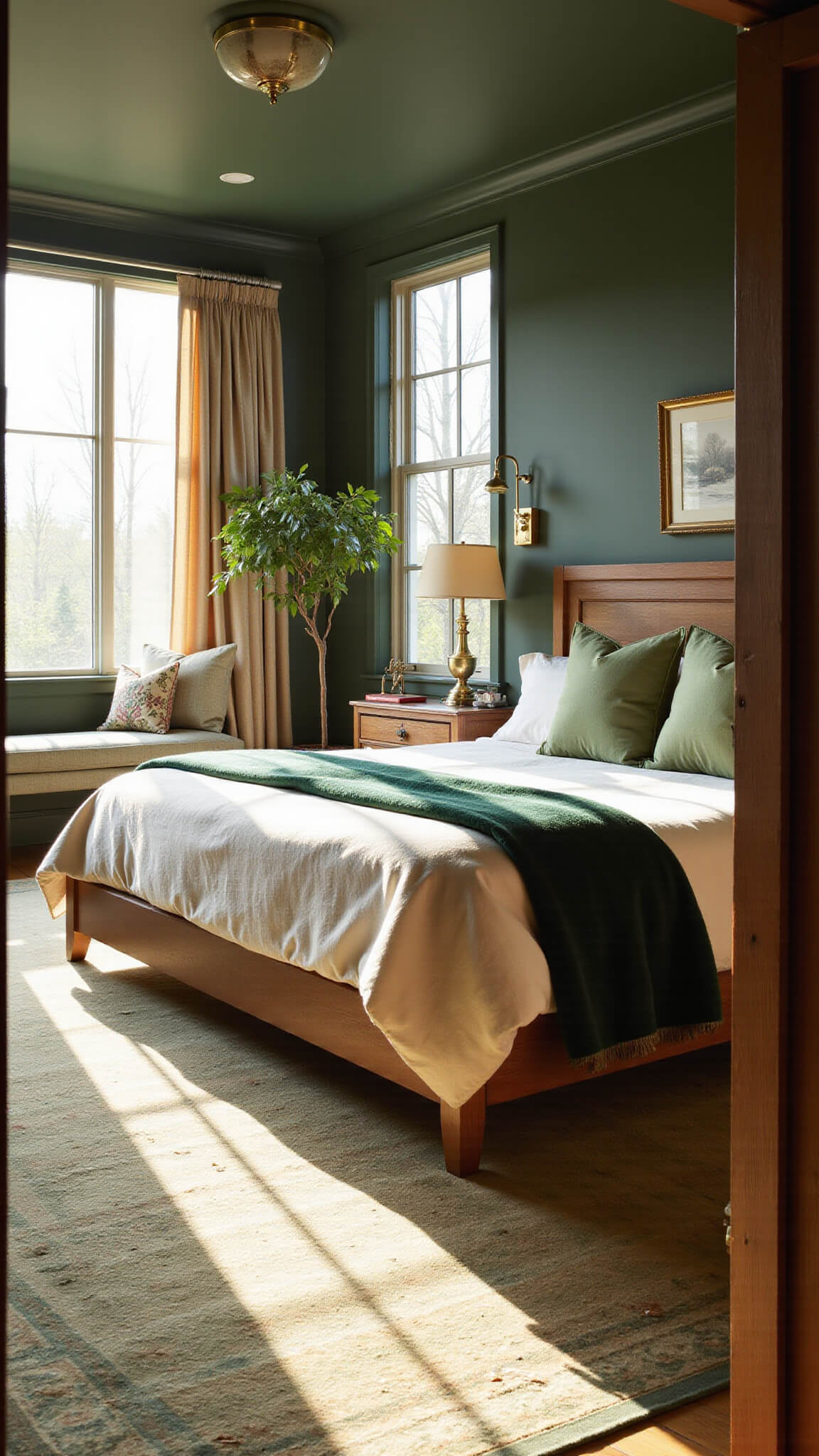 Serene forest-themed master bedroom with ivory king bed, green velvet accents, brass sconces, large windows, and morning light filtering through sheer curtains.