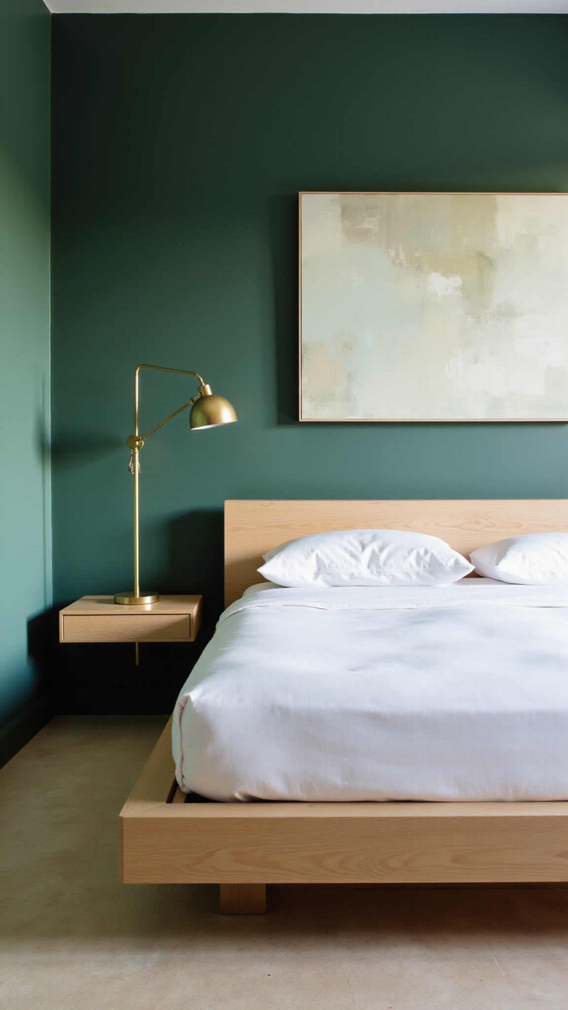 Minimalist bedroom with forest green accent wall, platform bed in white linens, brass floor lamp, and abstract art in cream and sage tones.