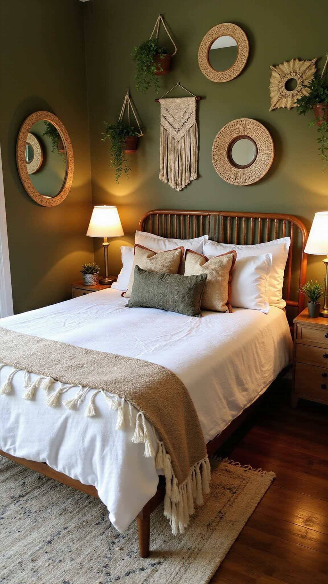 Cozy boho woodland room with olive green walls, rattan bed with white linens and vintage pillows, hanging plants, woven decor, brass mirrors, and a Moroccan rug.