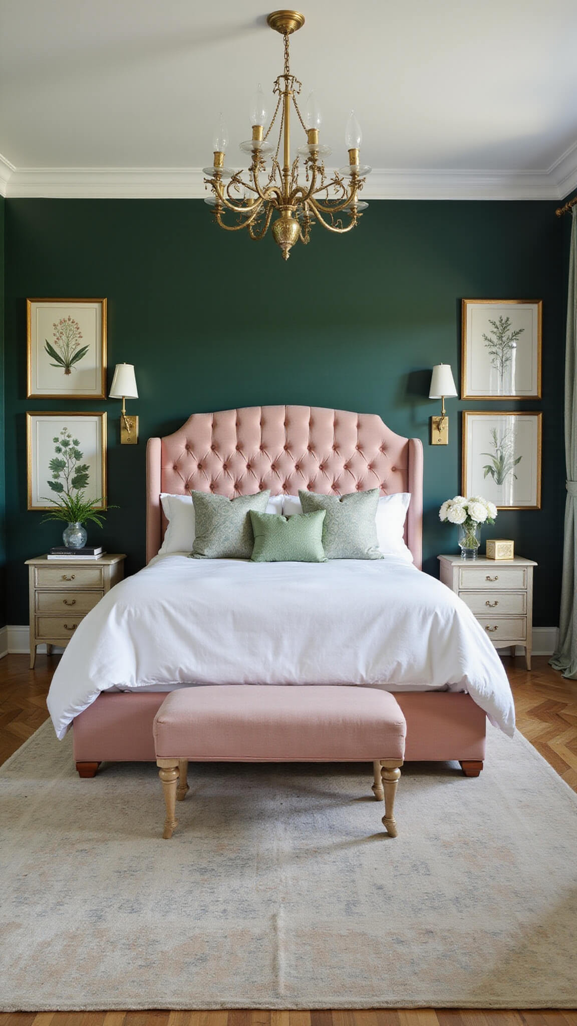 Elegant modern English garden-style bedroom with emerald green walls, blush pink tufted headboard, white and sage bedding, antique brass lighting, gold-framed botanical prints, herringbone wood floors, and vintage rug.