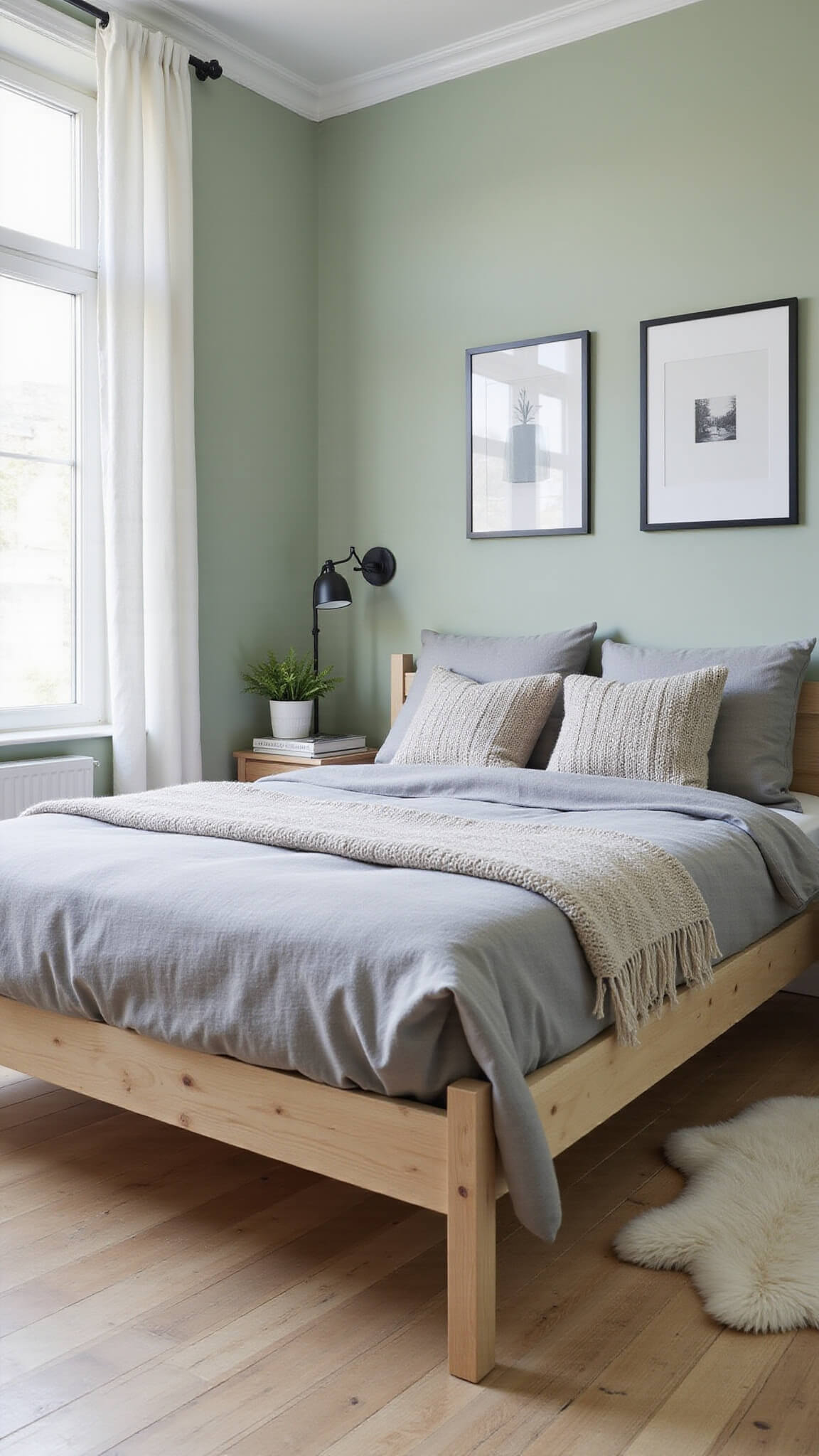 Scandinavian bedroom with sage green walls, light oak bed, gray linens, and layered sheepskin rugs in natural midday light.