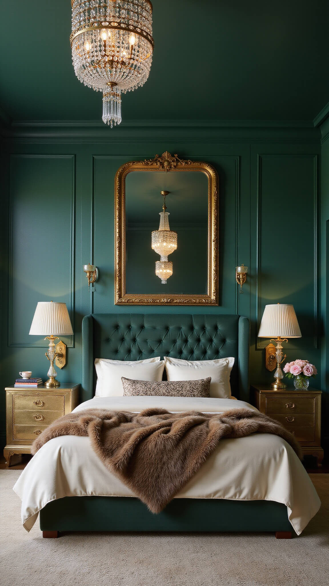 Luxurious green boudoir with dark olive walls, cream velvet tufted bed, silk bedding, fur throws, crystal sconces, vintage chandelier, gilded mirror, and brass Art Deco furniture.