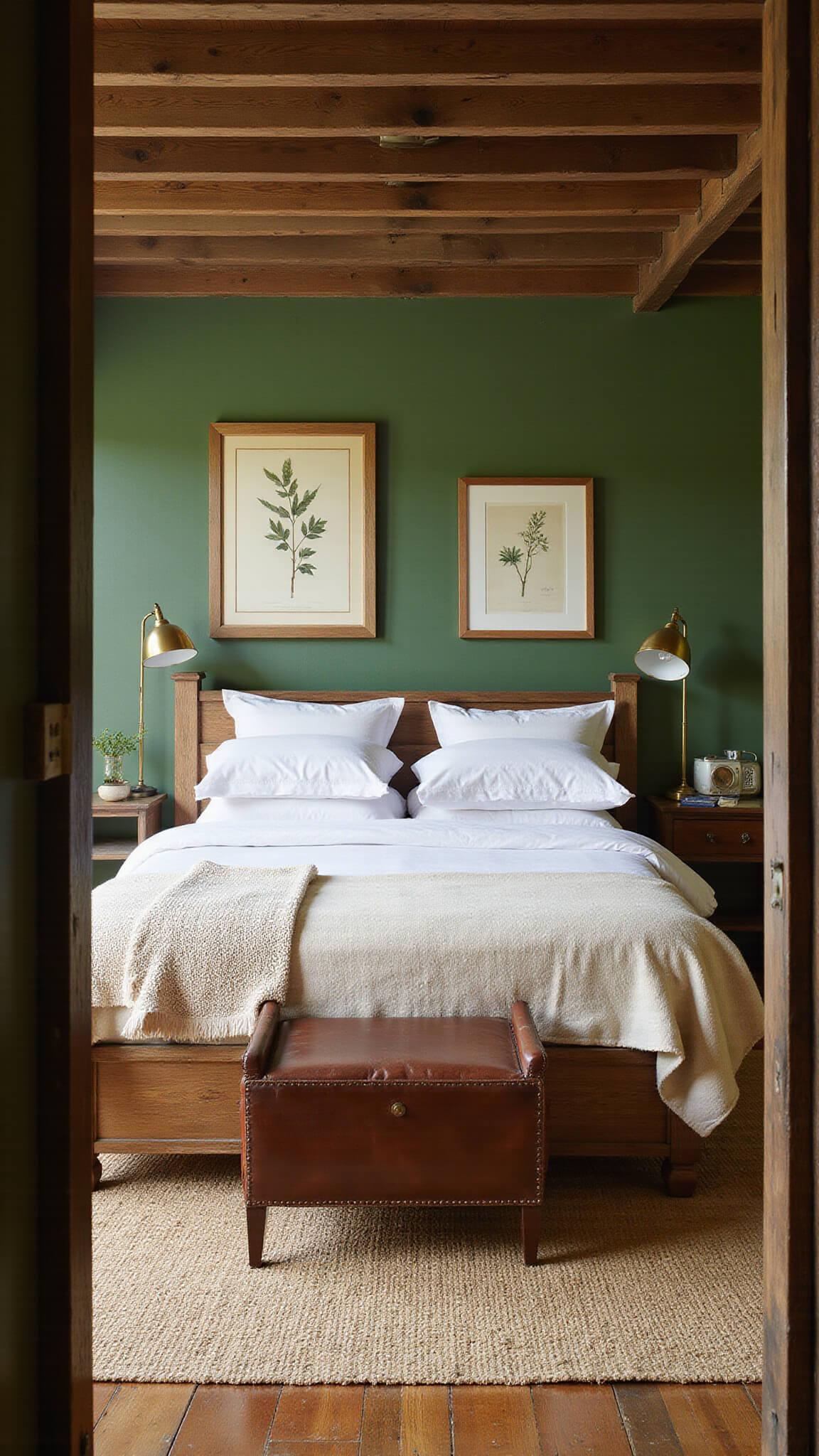 Cozy rustic green cabin bedroom with pine green walls, reclaimed wood bed, white bedding, antique brass lamps, vintage prints, exposed beams, leather chair, and jute rug in golden hour light.