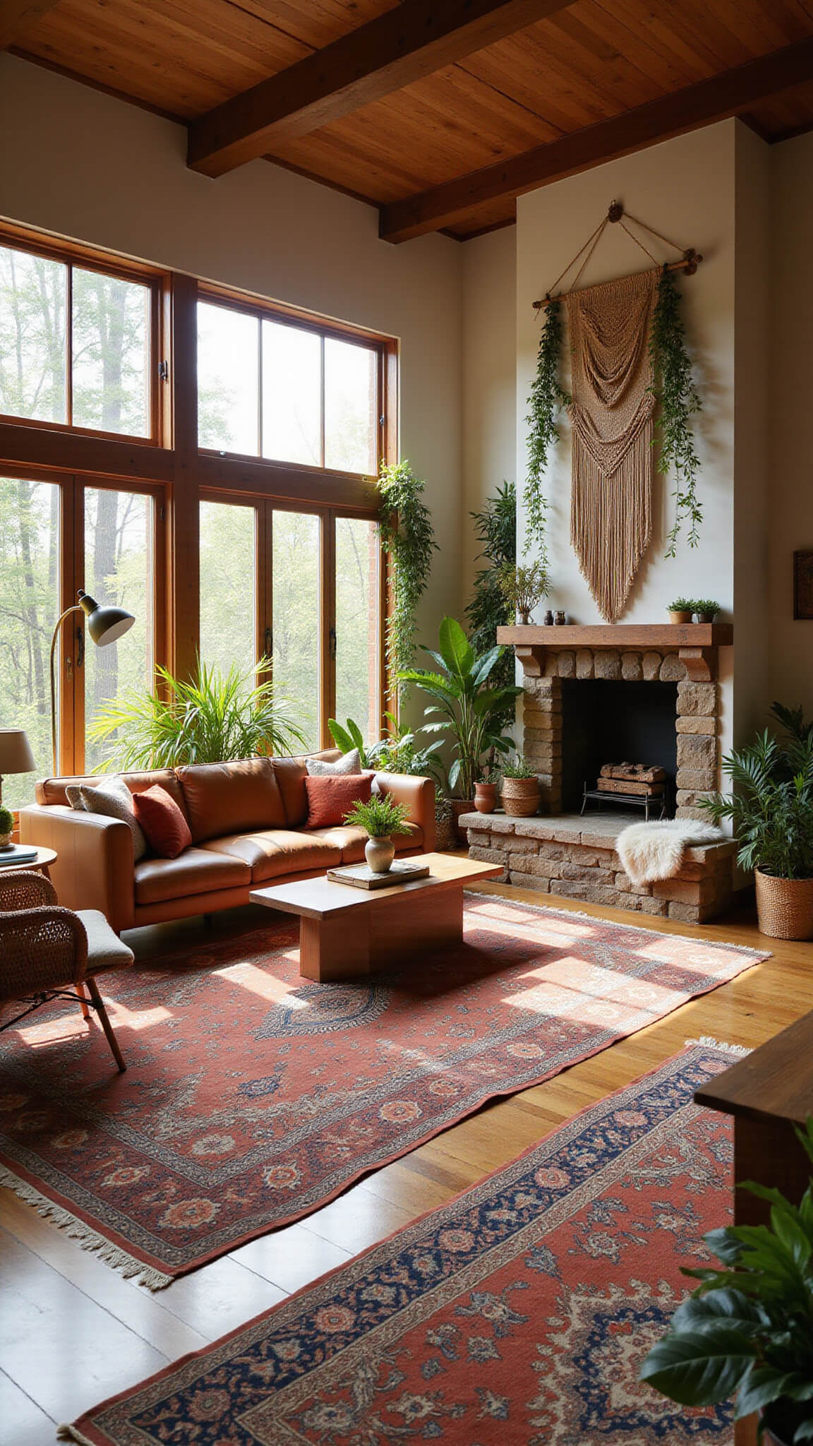 Boho living room with sunlight streaming through tall windows, featuring leather sofa on vintage rugs, stone fireplace, macramé décor, plants, and rattan chair.