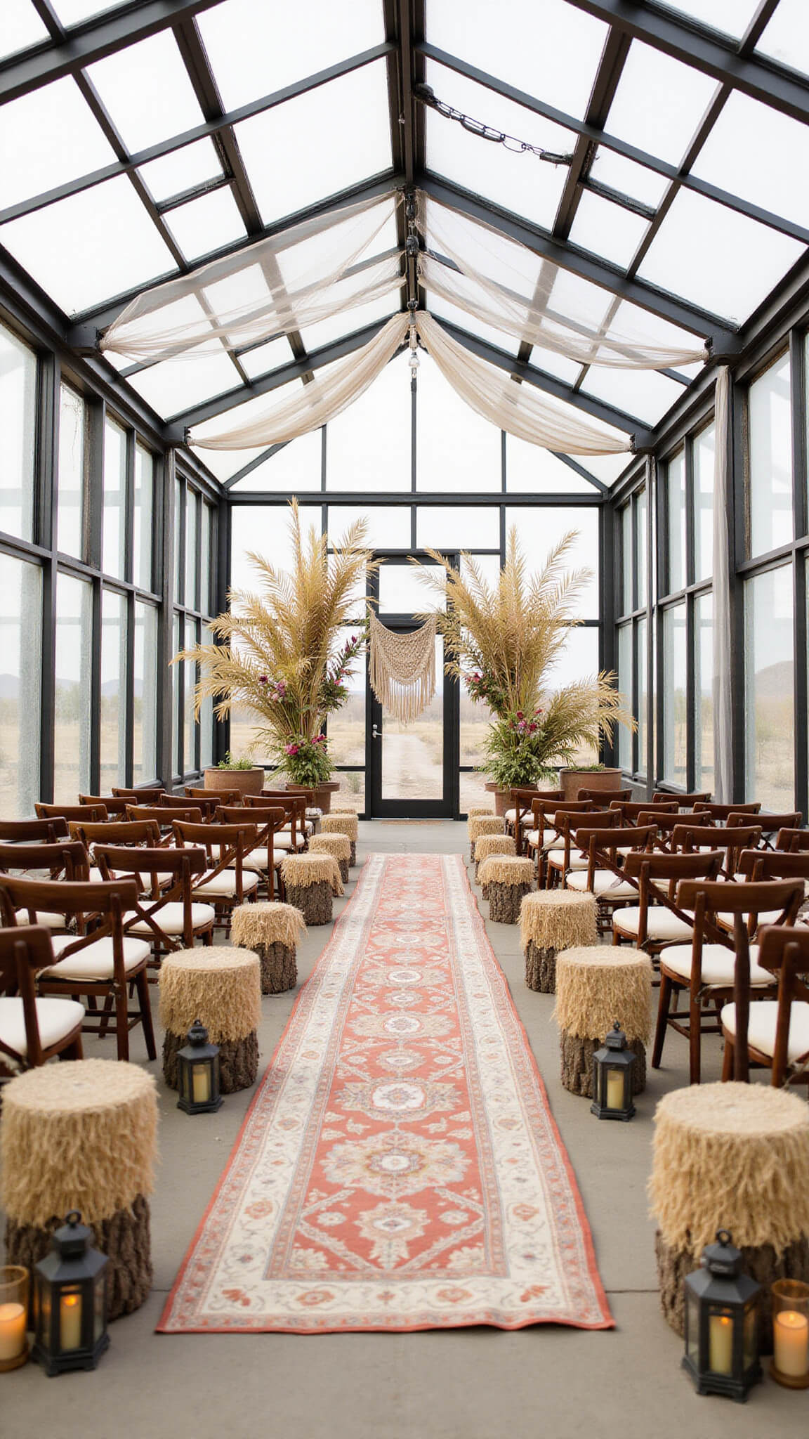 Desert-inspired greenhouse wedding ceremony with pampas-lined aisle, Moroccan lanterns, macramé backdrop, and vintage Persian runner under draped sheer ceiling.