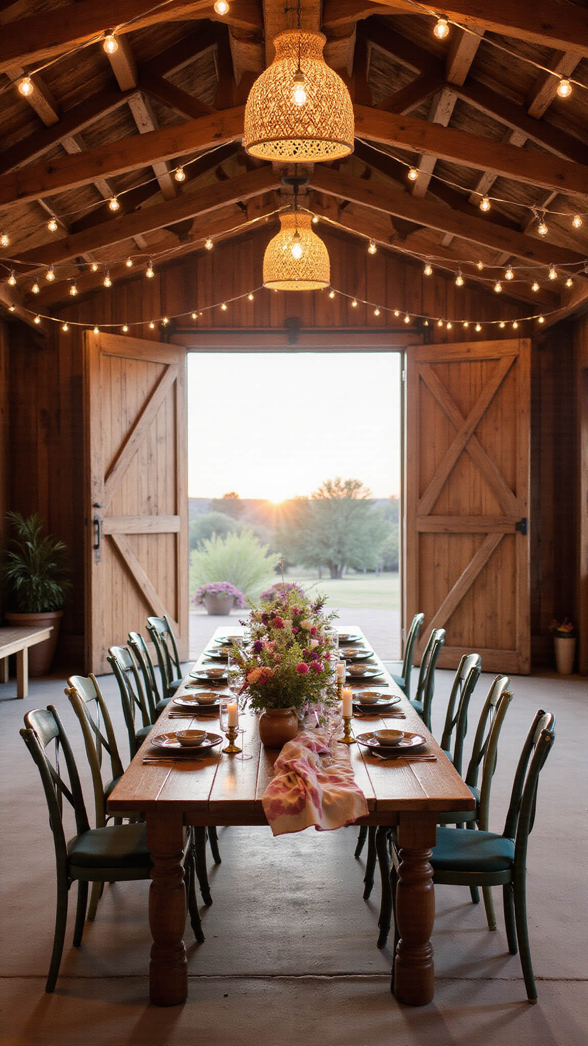 Twilight view of bohemian barn dining setup with 40ft farm table under bistro lights, draped beams, vintage chairs, wildflowers, brass candlesticks, and sunset in background.