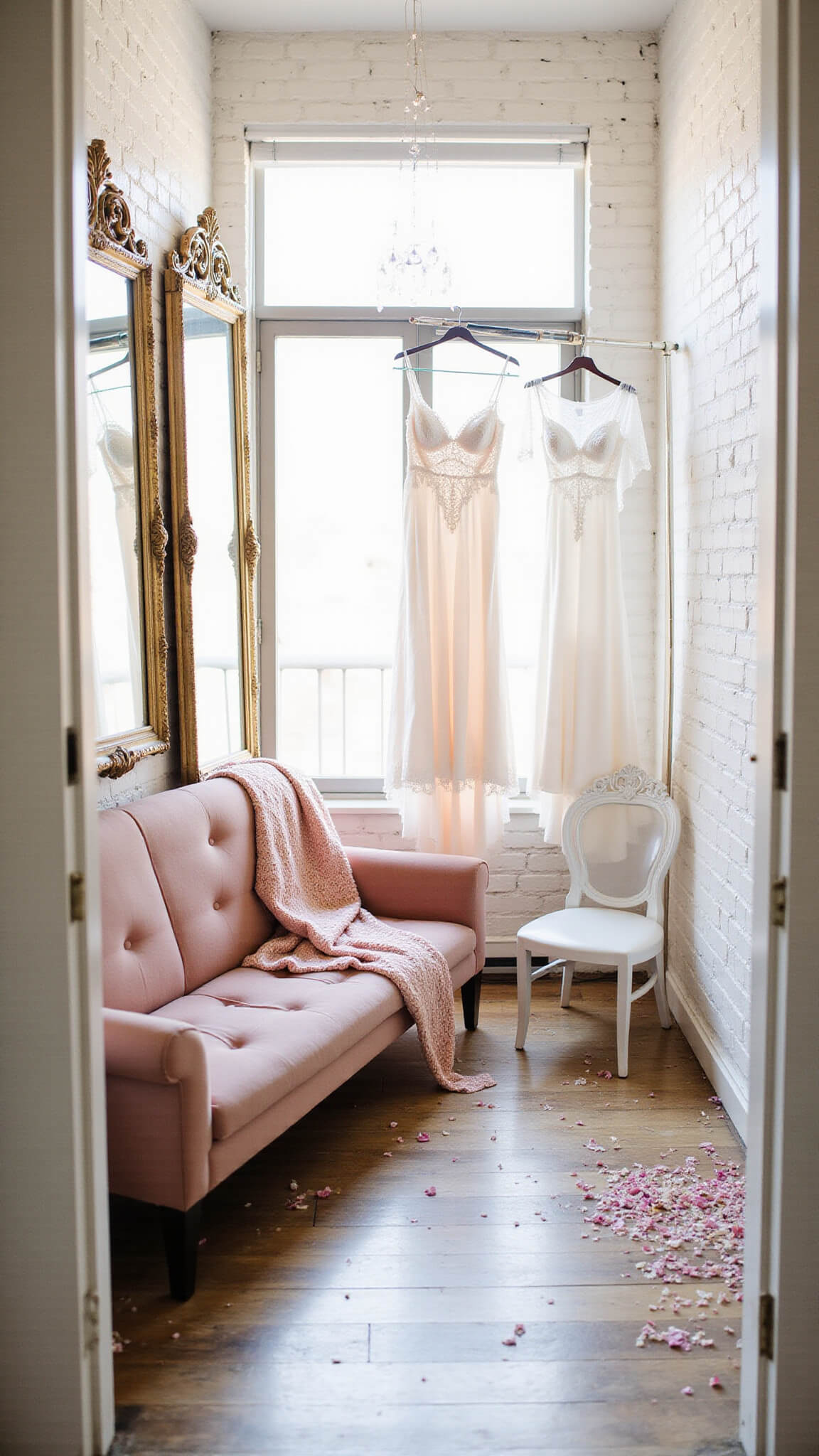 Bridal suite with whitewashed brick walls, vintage gold mirrors, dusty rose velvet settee, lace gowns on rack, and rainbow reflections from crystal prisms.