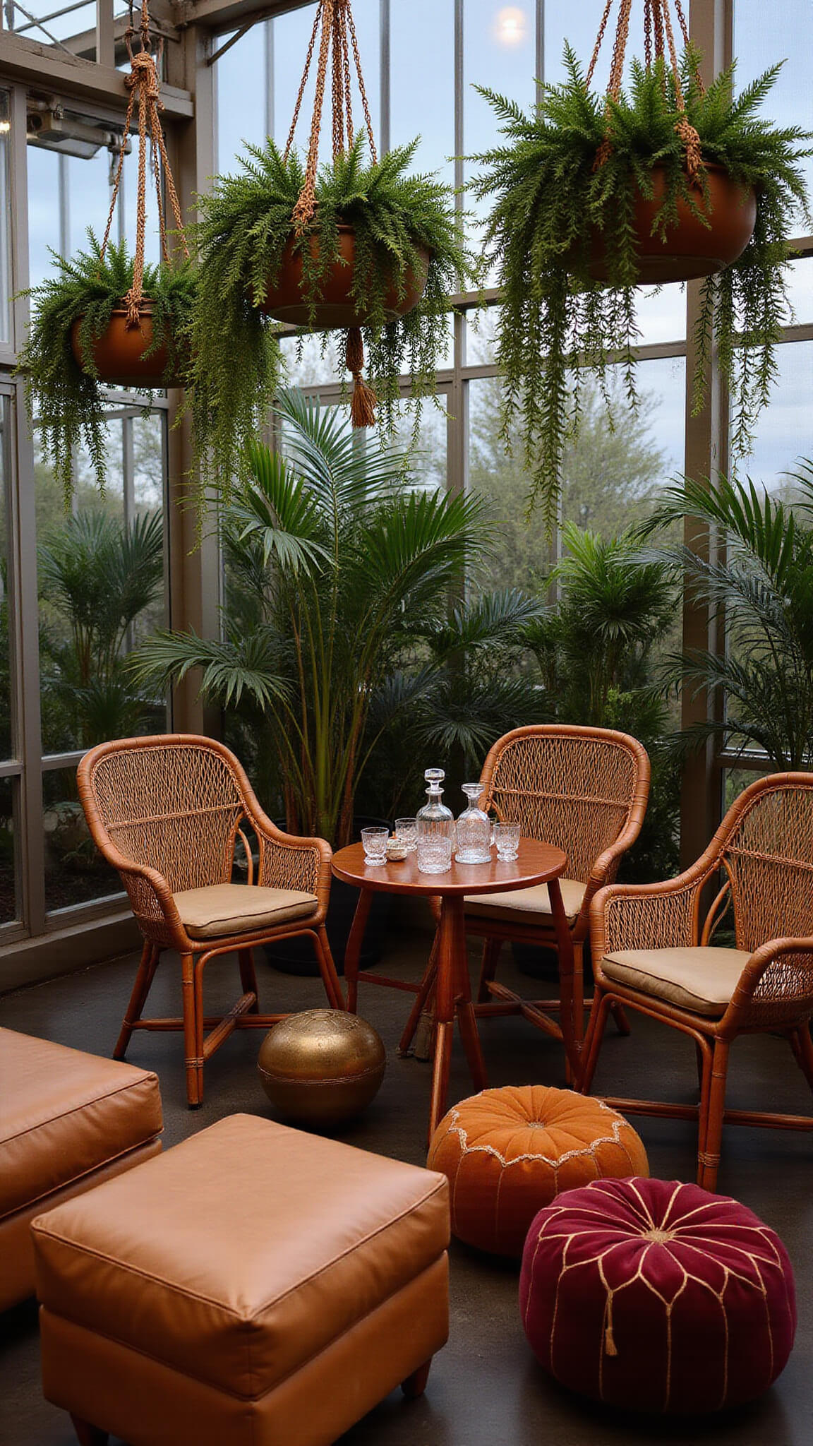 Cozy greenhouse cocktail lounge corner at dusk with rattan chairs, vintage loungers, copper tables, hanging plants, and warm uplighting through palms.