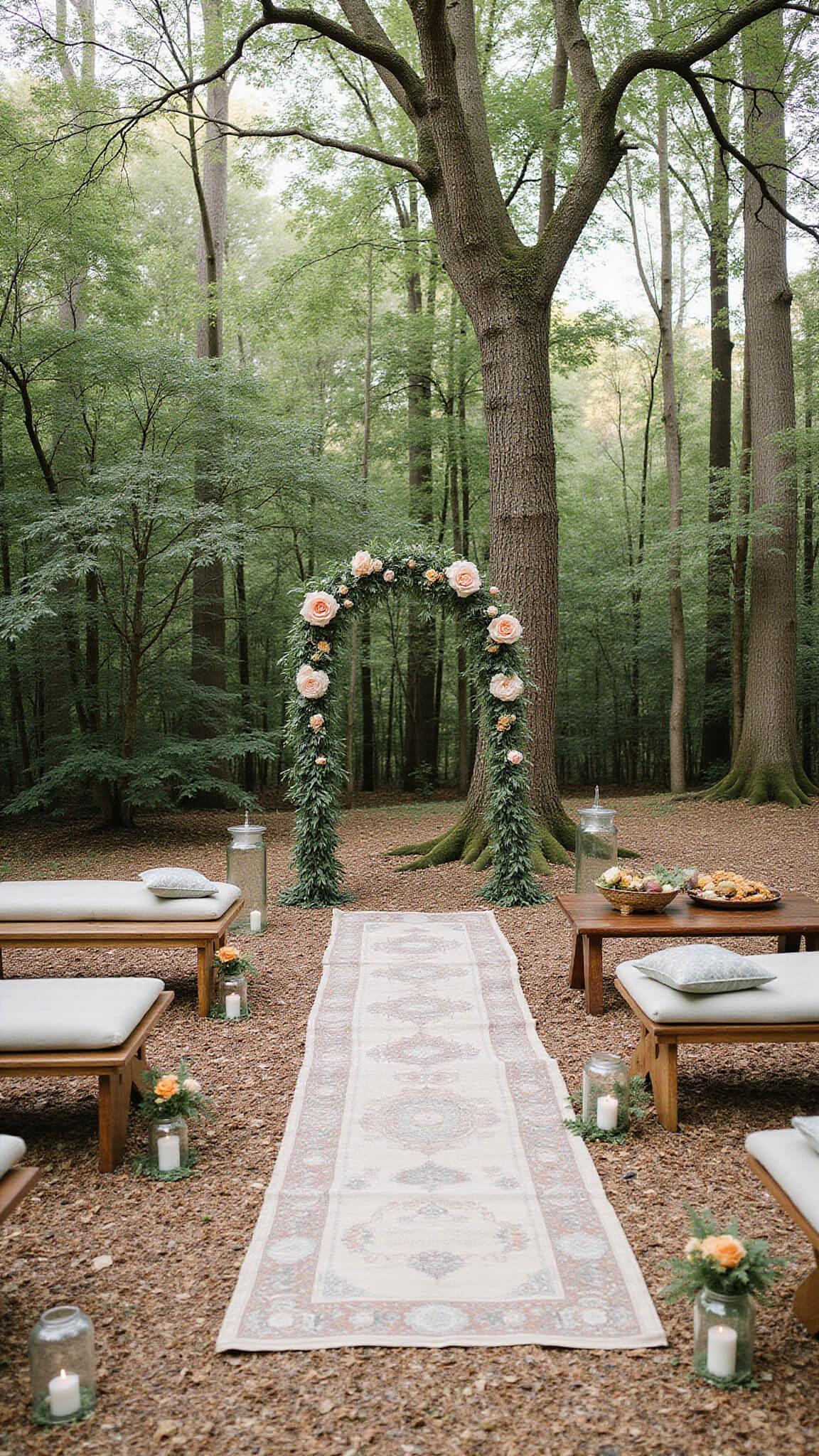 Woodland ceremony space with floral arch, vintage rugs aisle, mixed seating, and hanging candle terrariums under dappled forest light.
