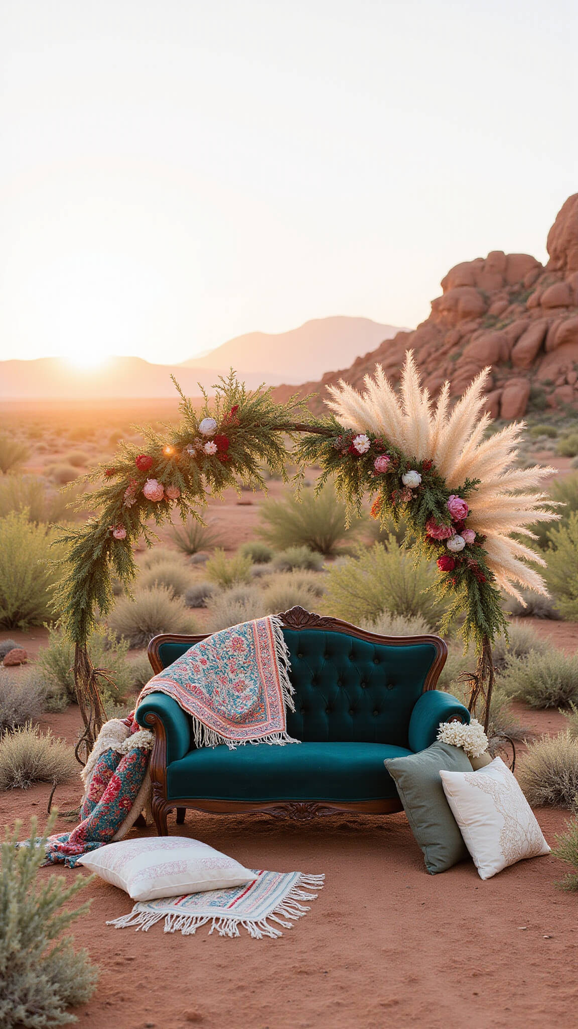 Golden hour desert portrait with teal vintage loveseat, colorful textiles, and pampas floral installation framed by red rocks and setting sun.