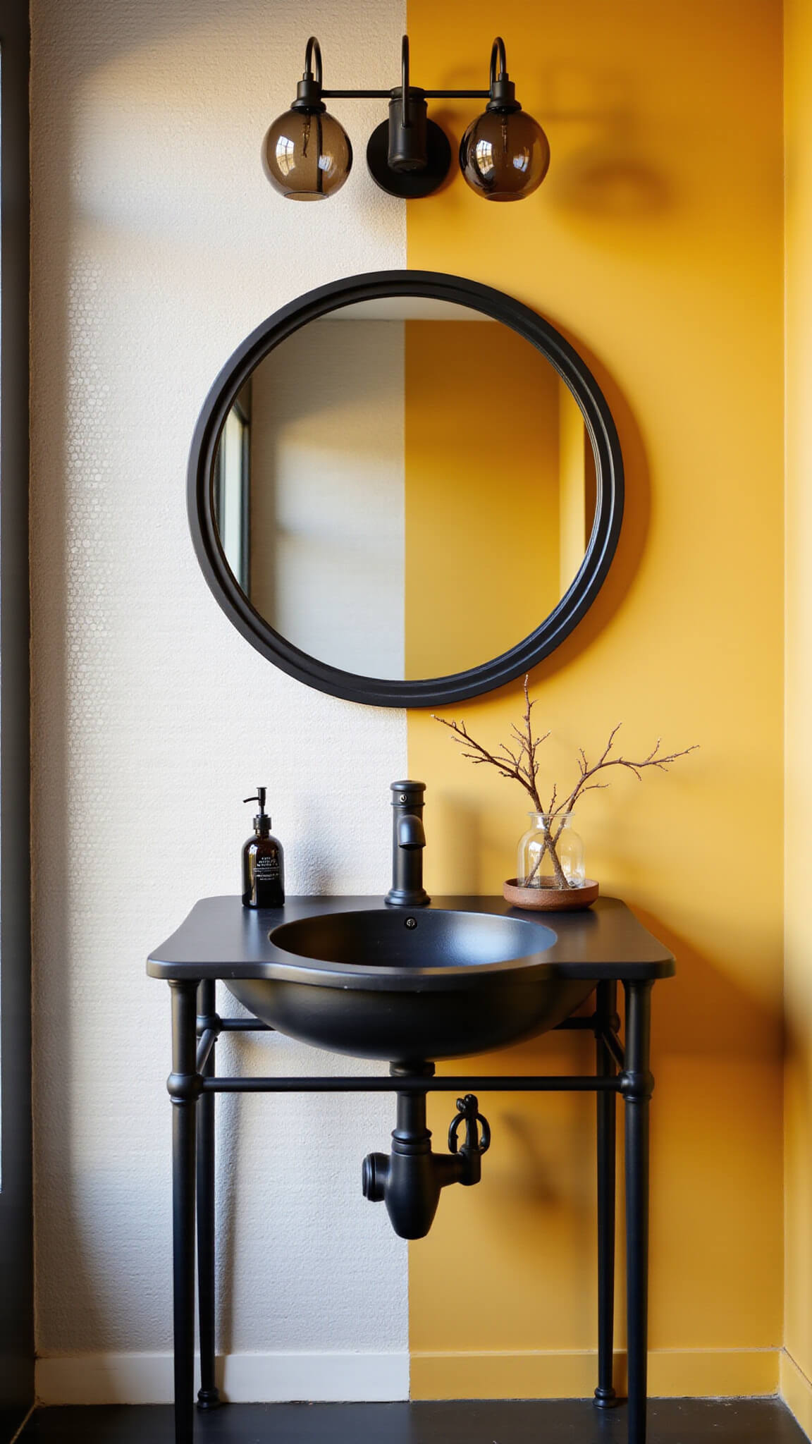 Powder room with mustard yellow accent wall, white penny tiles, black metal vanity, round mirror, smoky glass sconces, and minimalist decor.