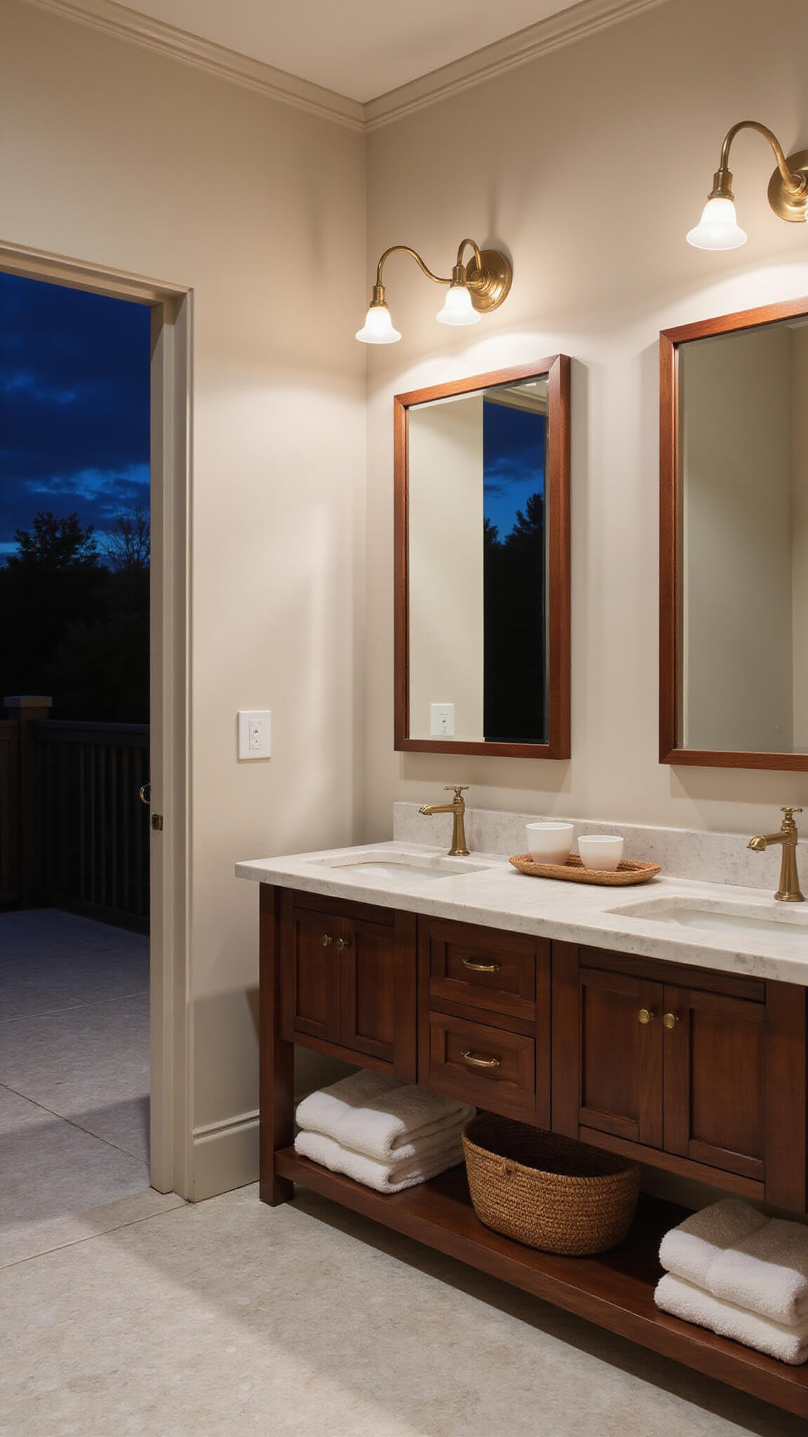 Moody master bathroom suite at dusk with mahogany double vanity, marble-look tiles, brass pendant lights, and soft, warm decor accents.