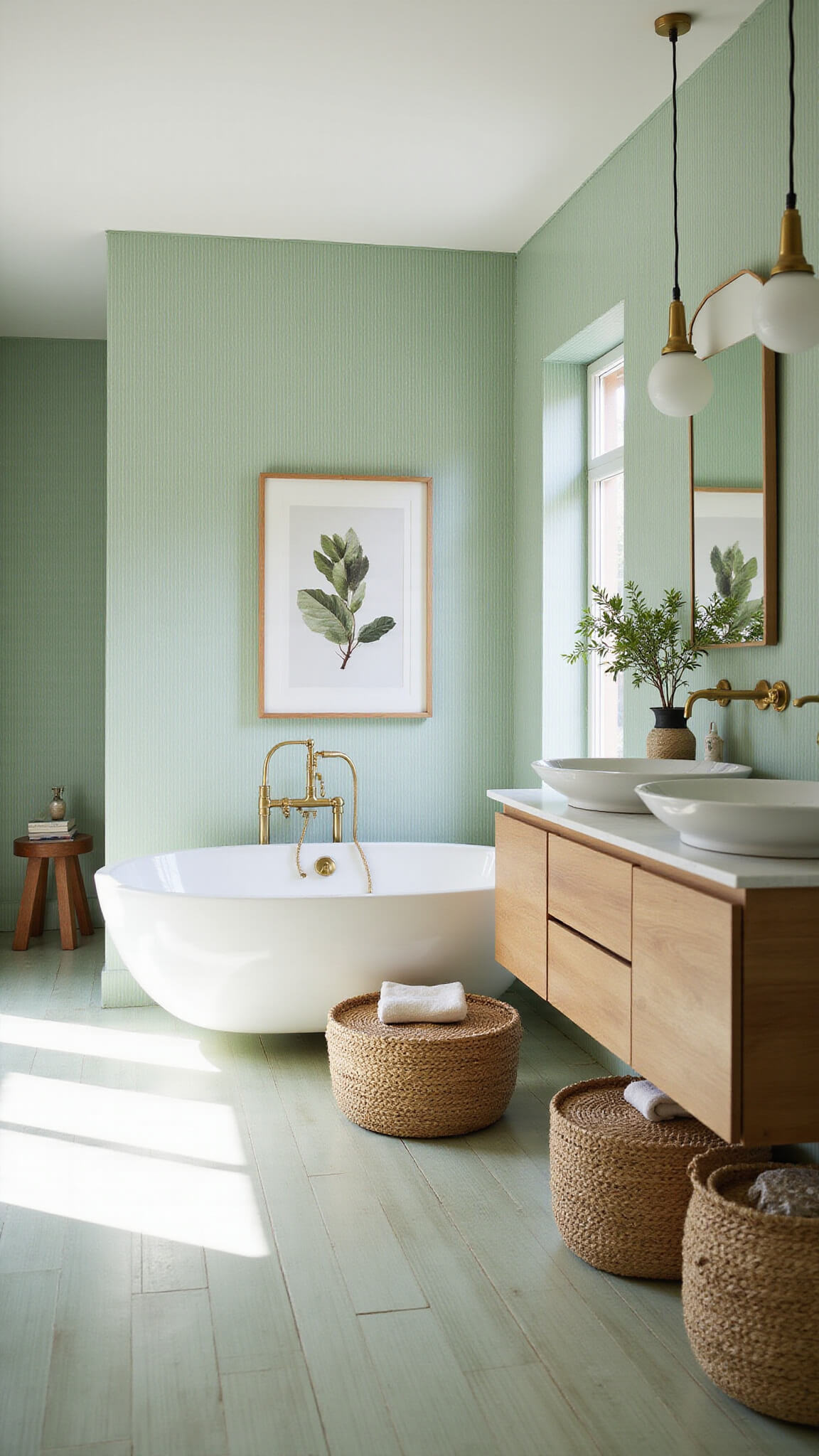 Airy 11x13ft bathroom with vertical sage green tiles, white freestanding tub, oak vanity with marble top and brass fixtures, globe pendant lights, and natural styling in afternoon sunlight.
