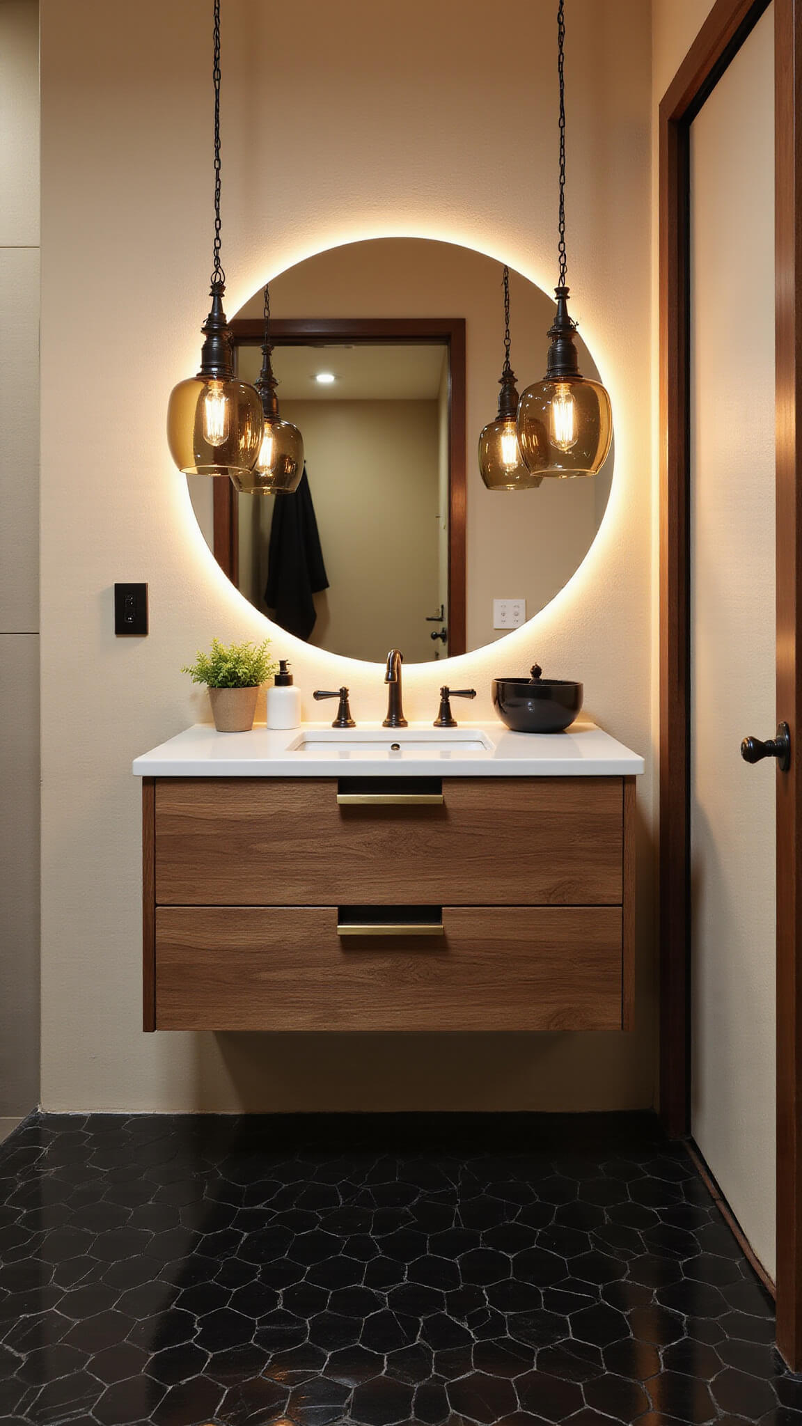 Elegant 10x12ft bathroom at sunset with black hex tile floor, beige walls, walnut vanity, brass accents, and smoked glass pendant lighting.