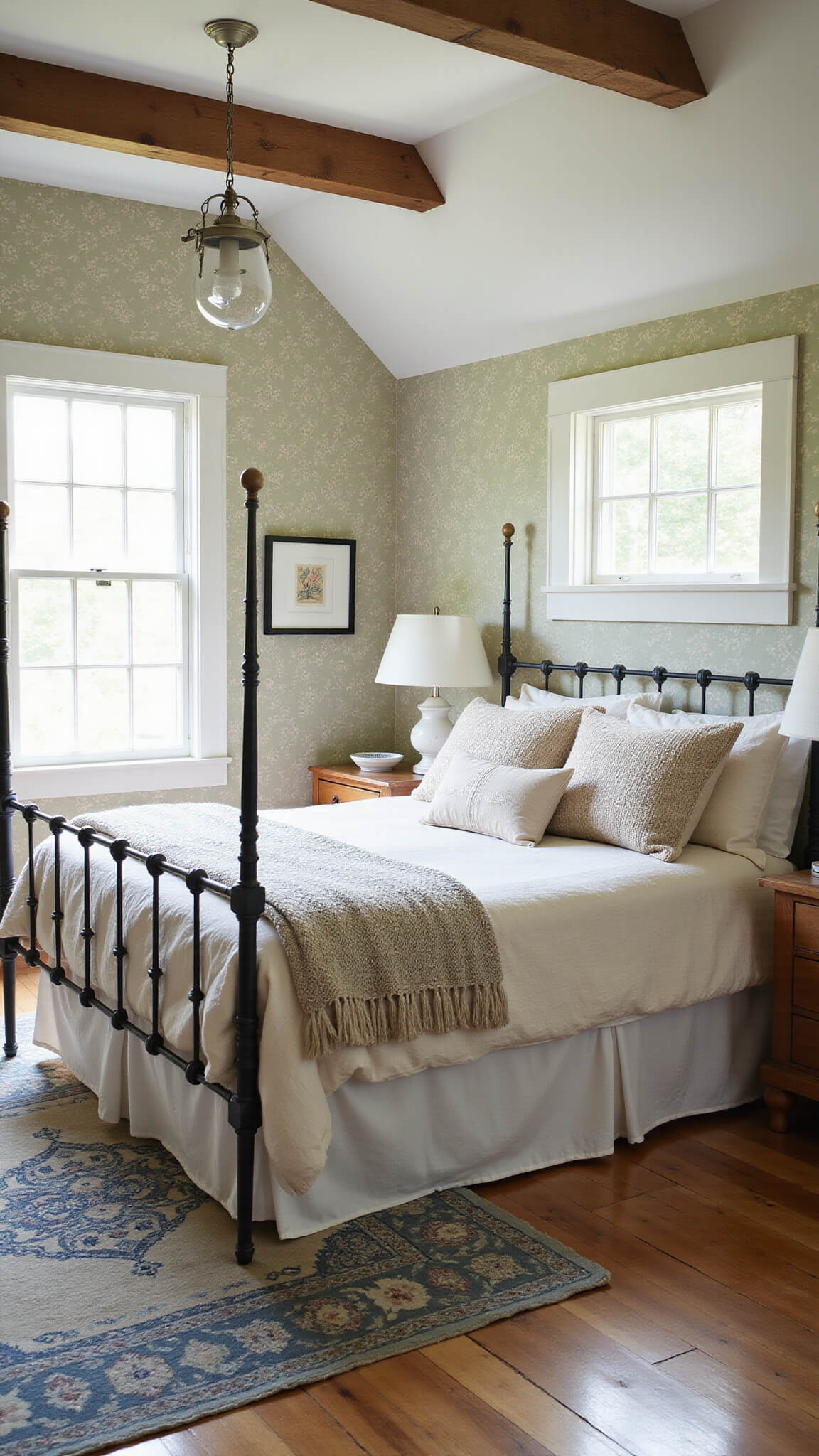 Sunlit cottage bedroom with exposed beams, vintage floral wallpaper, wrought-iron bed, and layered rugs on pine floors.
