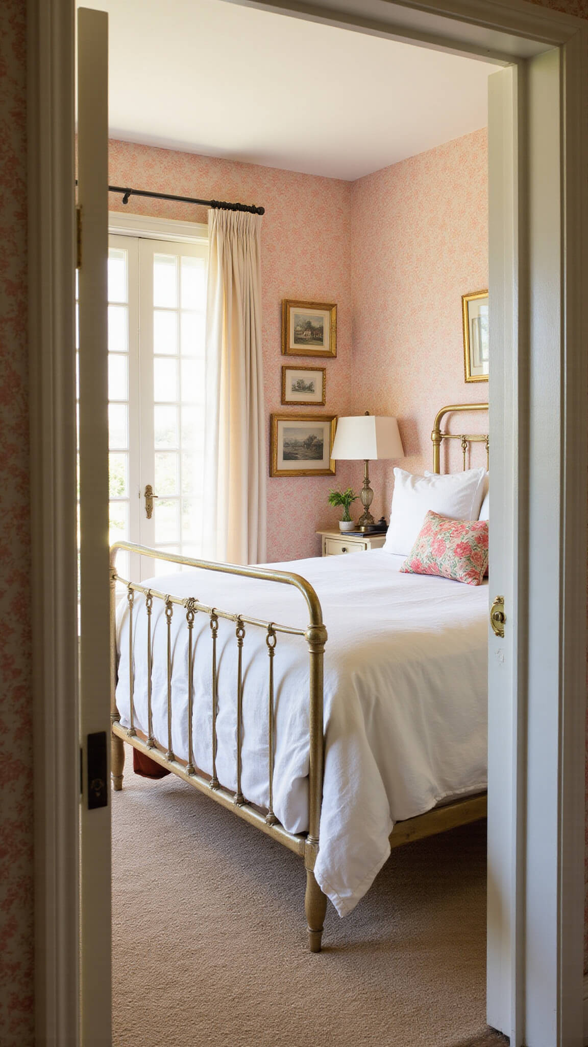 Romantic cottage bedroom with blush toile wallpaper, brass bed, vintage decor, and golden hour light filtering through sheer curtains.