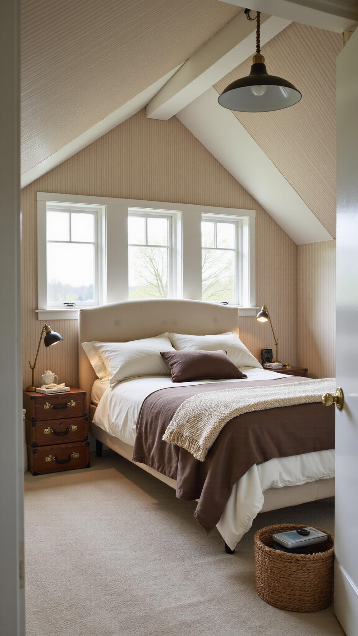 Cozy attic bedroom with sloped ceilings, warm striped wallpaper, a twin bed with neutral bedding, dormer windows, and vintage decor elements.