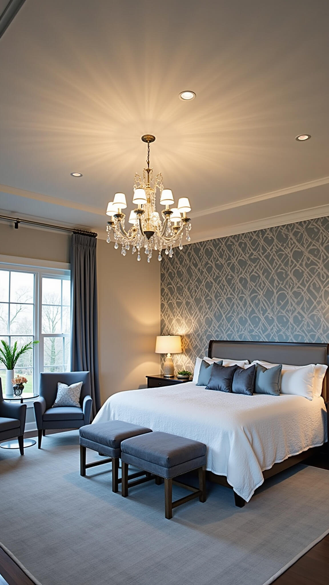 Elegant 16x18ft master bedroom at dusk with soft blue and silver damask wallpaper, crystal chandelier on coffered 10ft ceilings, king sleigh bed in white linens, and wingback chair seating area.