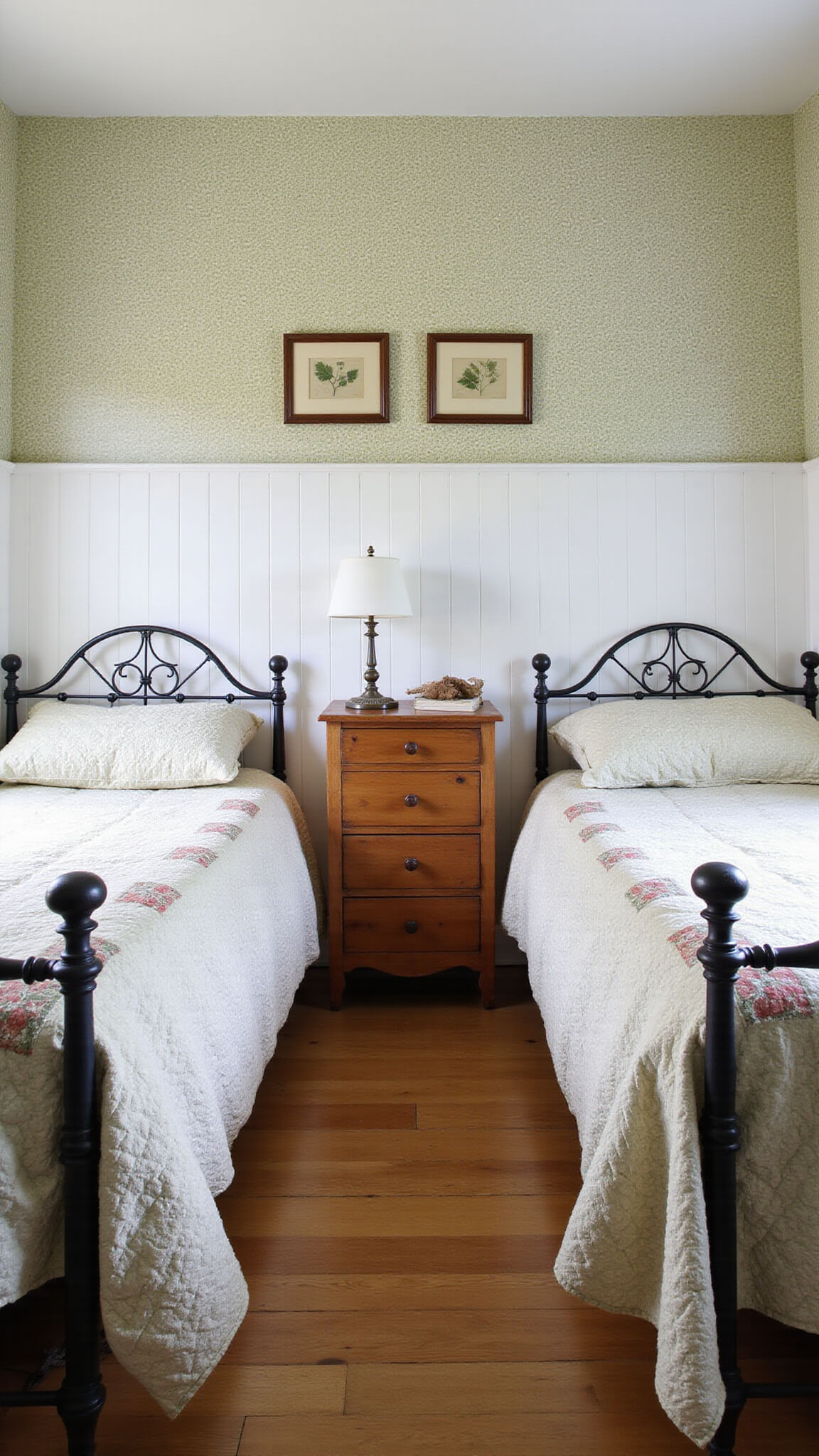 Charming 11x13ft guest bedroom with sage green floral wallpaper, twin iron beds, patchwork quilts, rustic pine dresser, and botanical art in soft afternoon light.