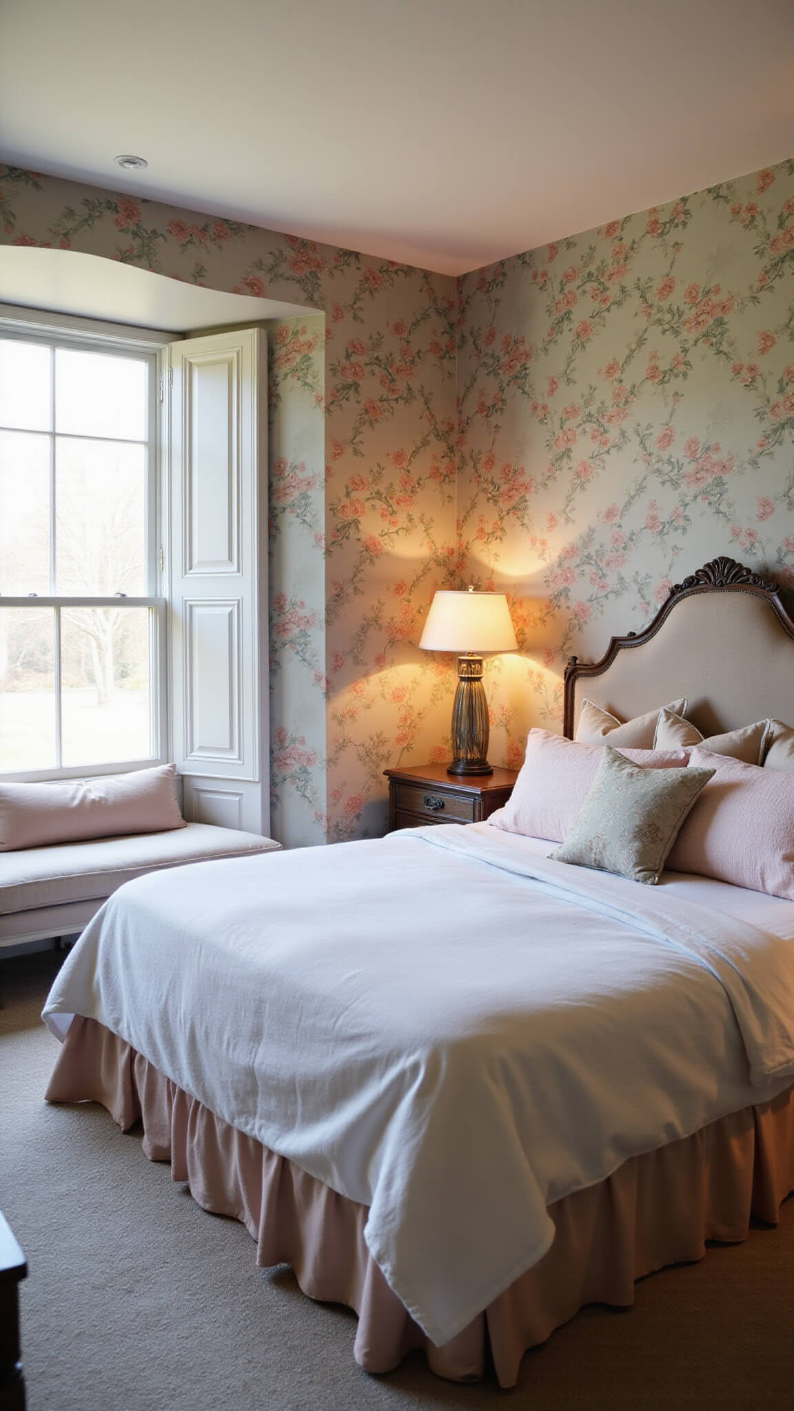 Romantic 15x15ft bedroom at twilight with garden-themed wallpaper, bay window seat, queen bed in blush and white linens, vintage trifold vanity, and soft mixed lighting.