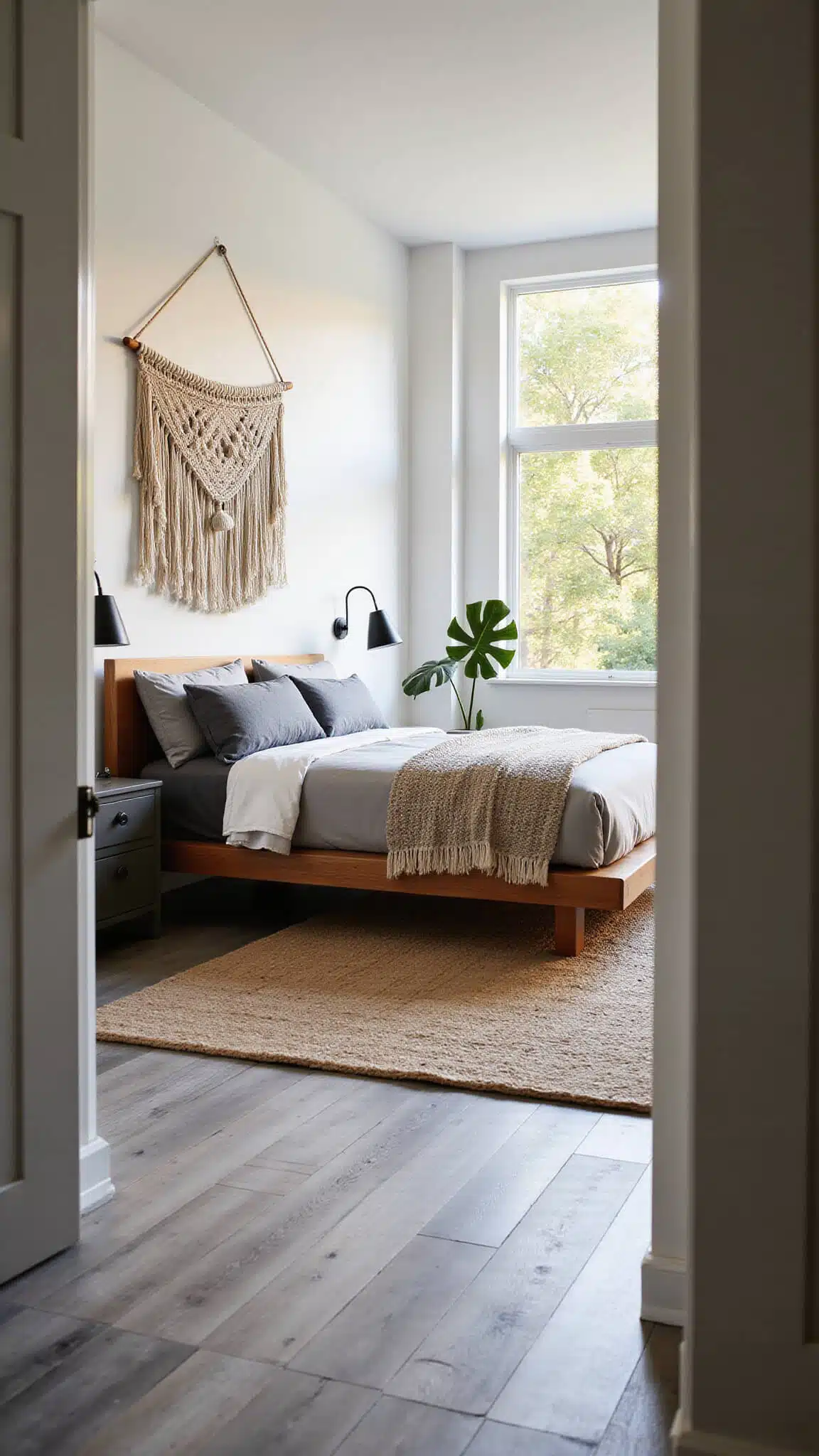 Modern 14x16ft bedroom with king-sized bed, grey-washed oak floors, macramé wall hanging, jute rug, and monstera plant in soft morning light.