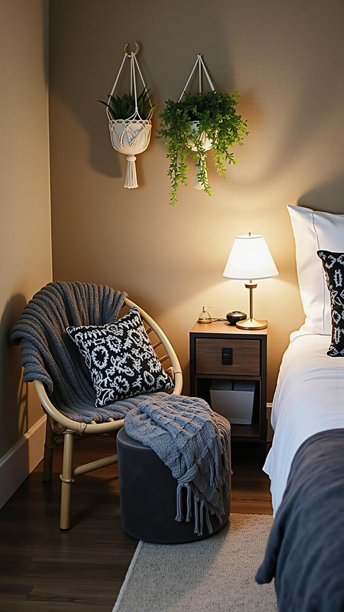 Cozy bedroom corner at dusk with rattan chair, brass floor lamp, tribal cushions, velvet ottoman, and hanging air plants.