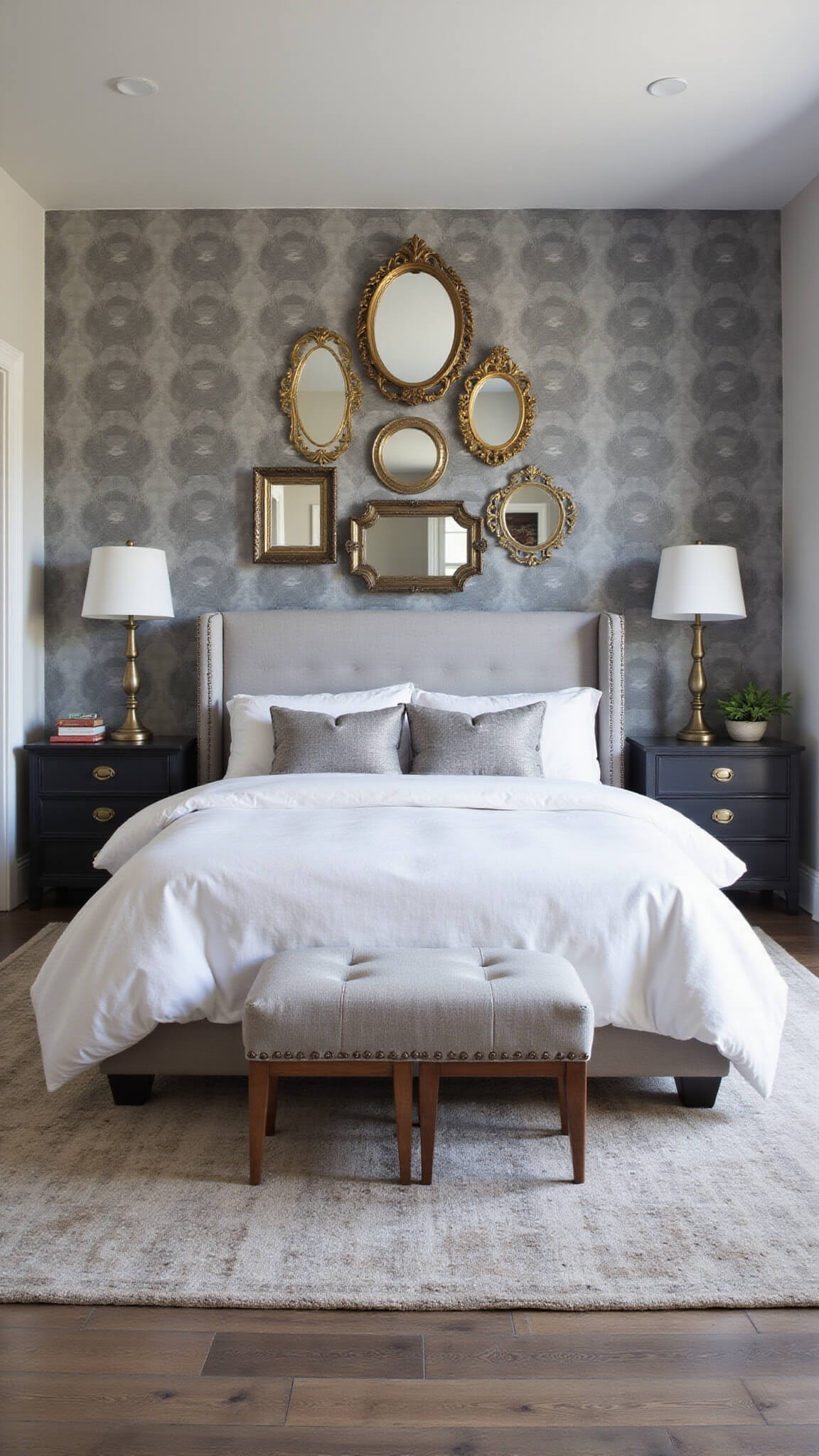 Dramatic bedroom with floor-to-ceiling geometric grey wallpaper, California king bed with oversized grey linen headboard, brass-framed vintage mirrors, and layered muted vintage rugs.