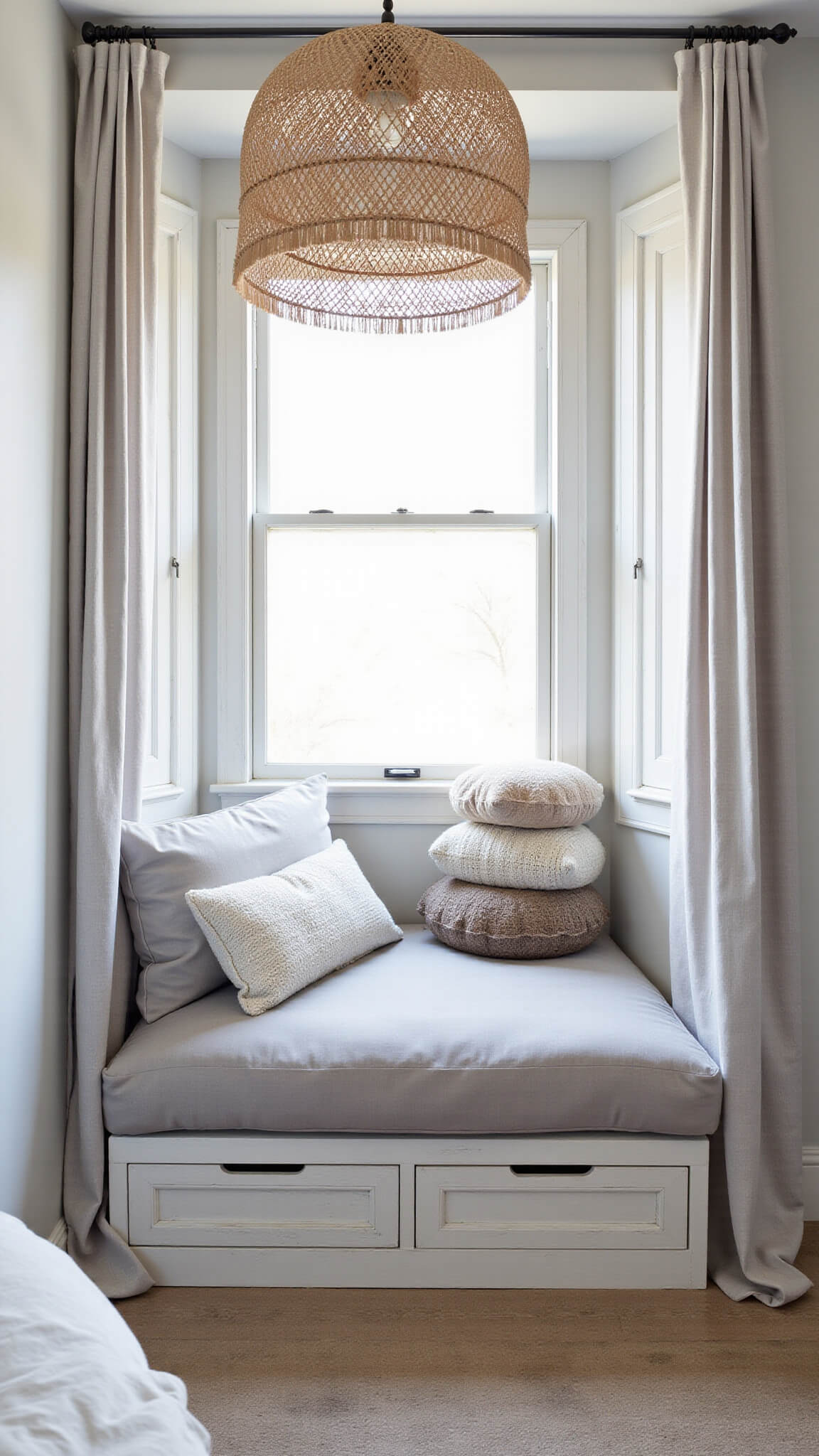 Minimalist boho bedroom alcove with pale grey velvet window seat, vintage textured floor cushions, rattan pendant lighting, sheer grey curtains, and weathered wood storage drawers.