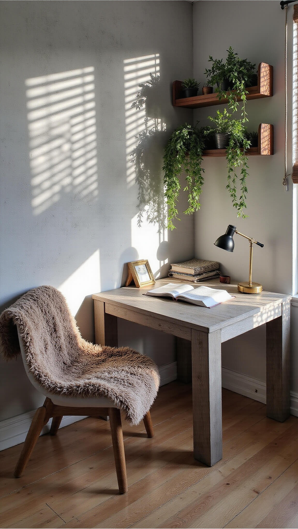 Contemporary boho bedroom workspace with floating grey-washed wood desk, vintage kilim chair, trailing plants on brass-accented shelves, and dramatic late afternoon light through slatted blinds.