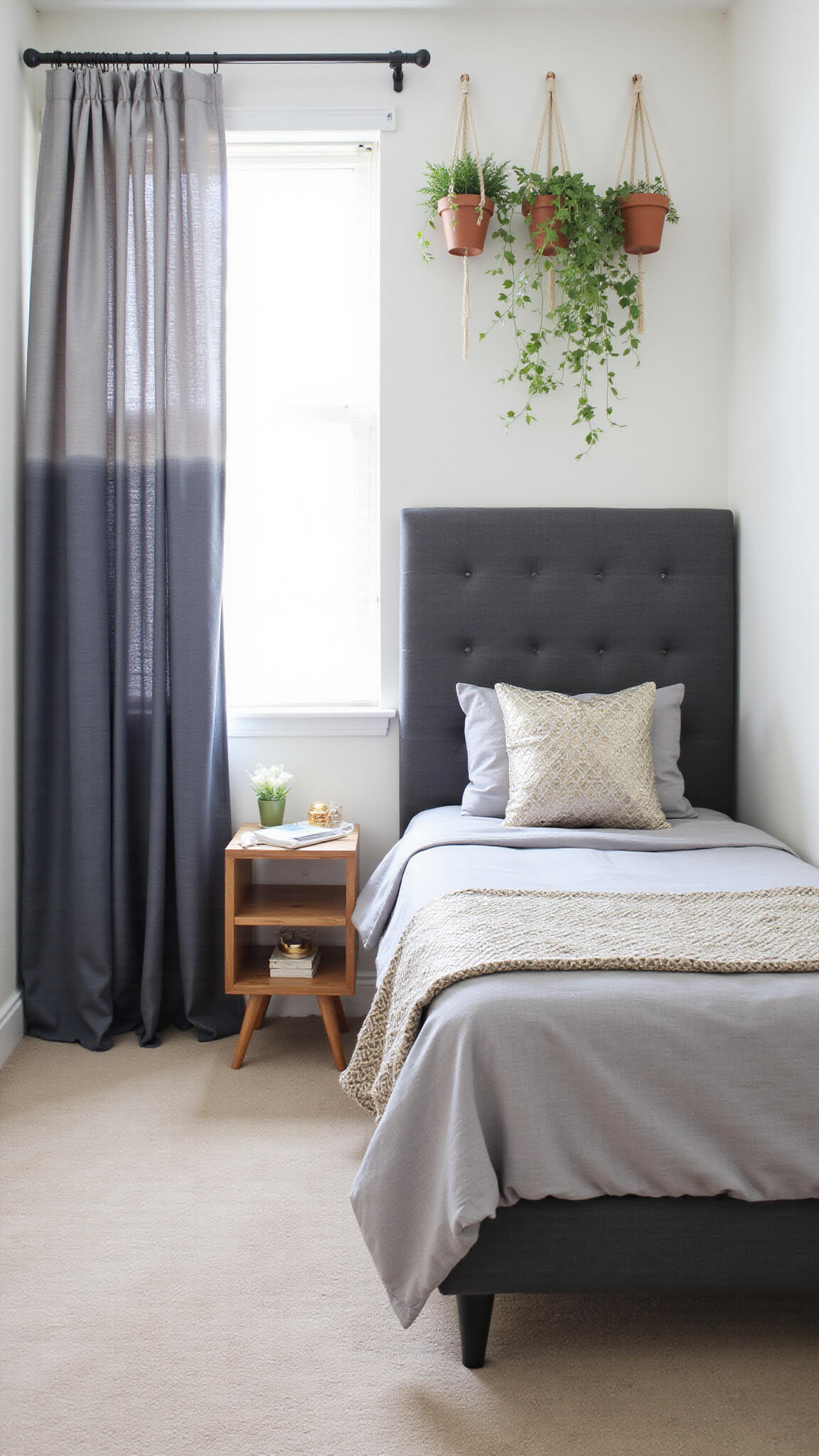 Small 8x10ft bedroom with tall grey ombré curtains, hanging macramé plant holders, twin bed with tall charcoal headboard, Moroccan wedding blanket, floating nightstands, and smart vertical space use.