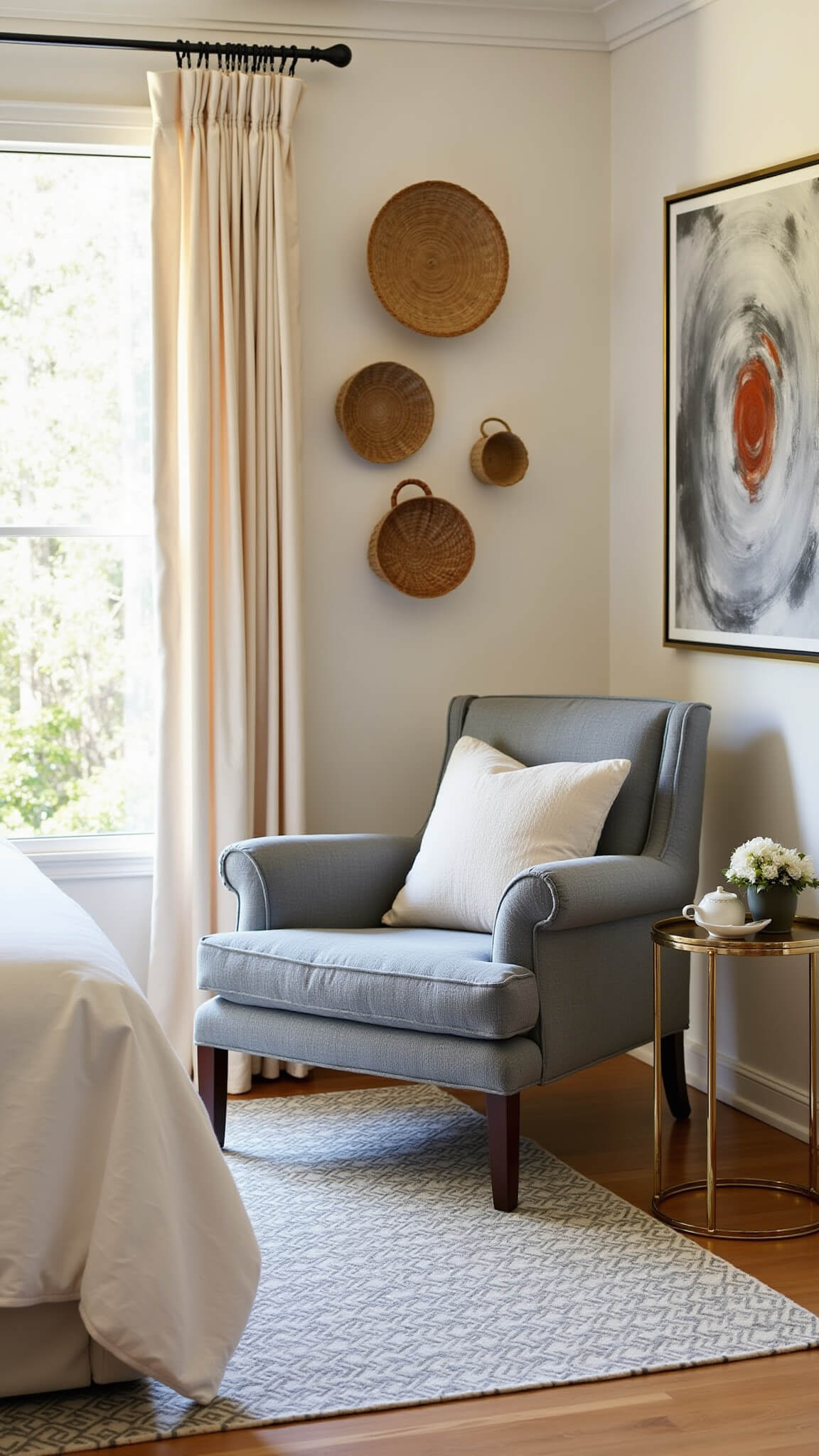 Boho bedroom seating area with grey bouclé chair, brass table, Moroccan rug, cream sheers, abstract art, and woven wall baskets in warm natural light.