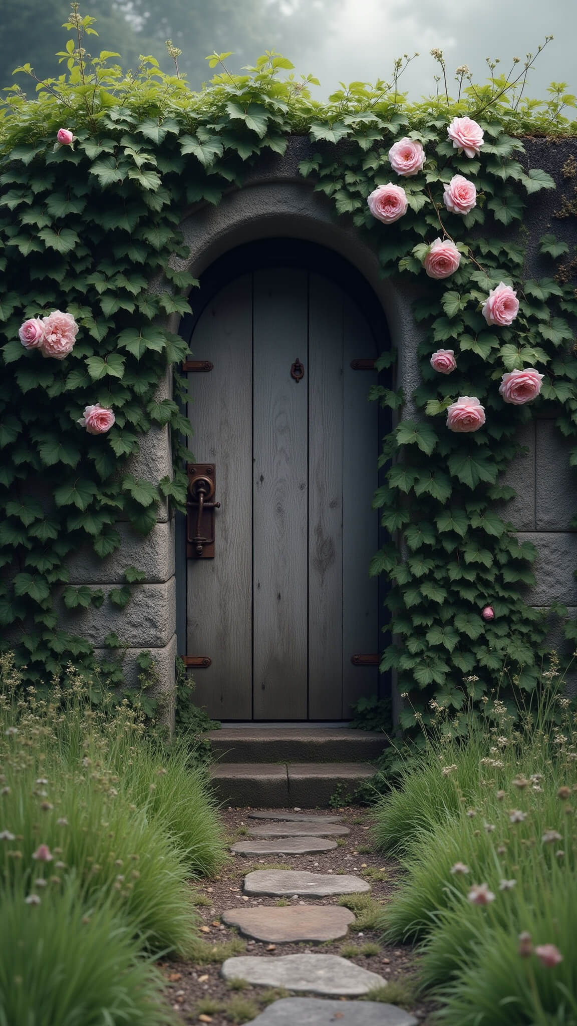 Ivy-covered stone wall with weathered wooden door framed by pale pink roses, morning mist over dewy grass, and aged statuary along a stone path in soft dawn light.