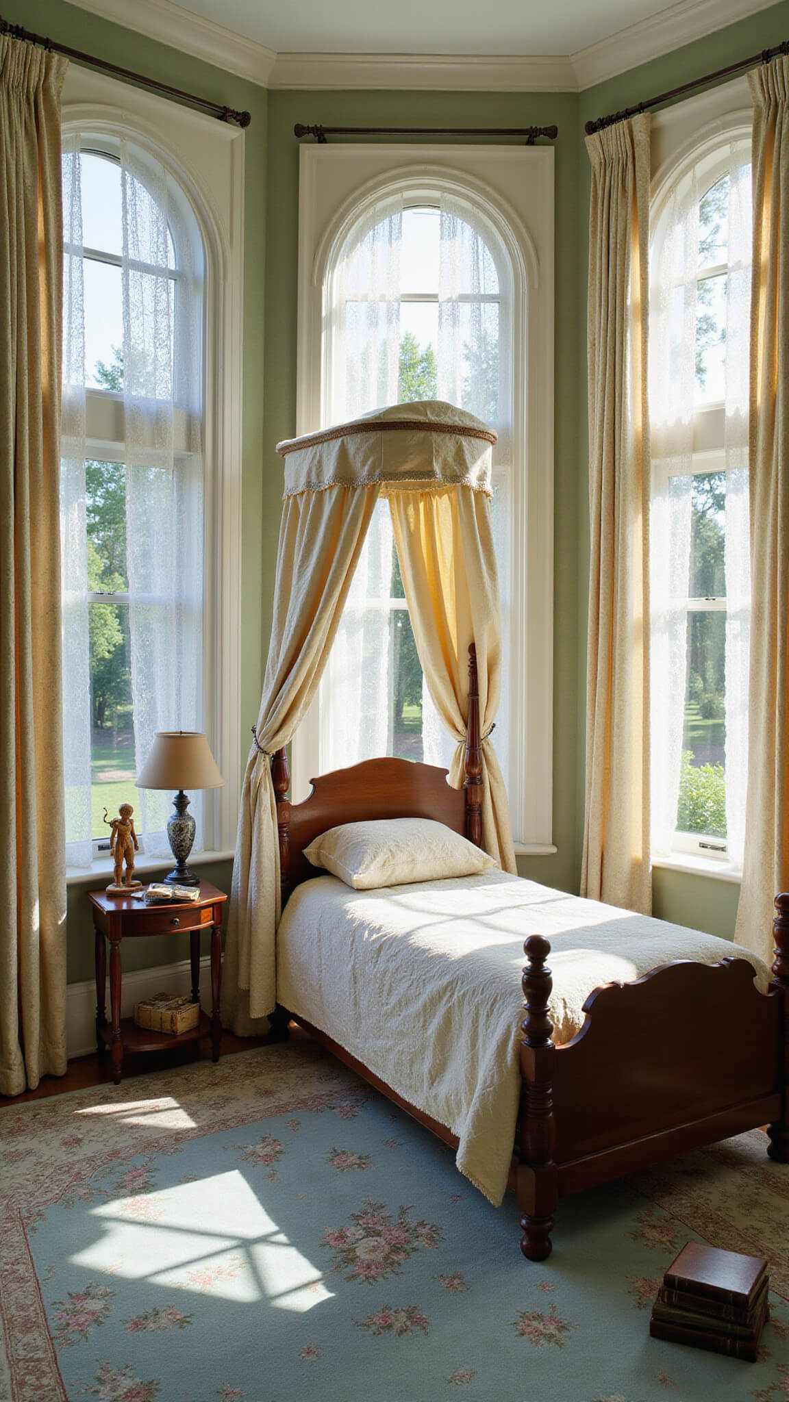Victorian child's bedroom with four-poster bed, curved window seat, lace curtains, botanical wallpaper, wooden toys, books, and brass telescope in warm afternoon light.