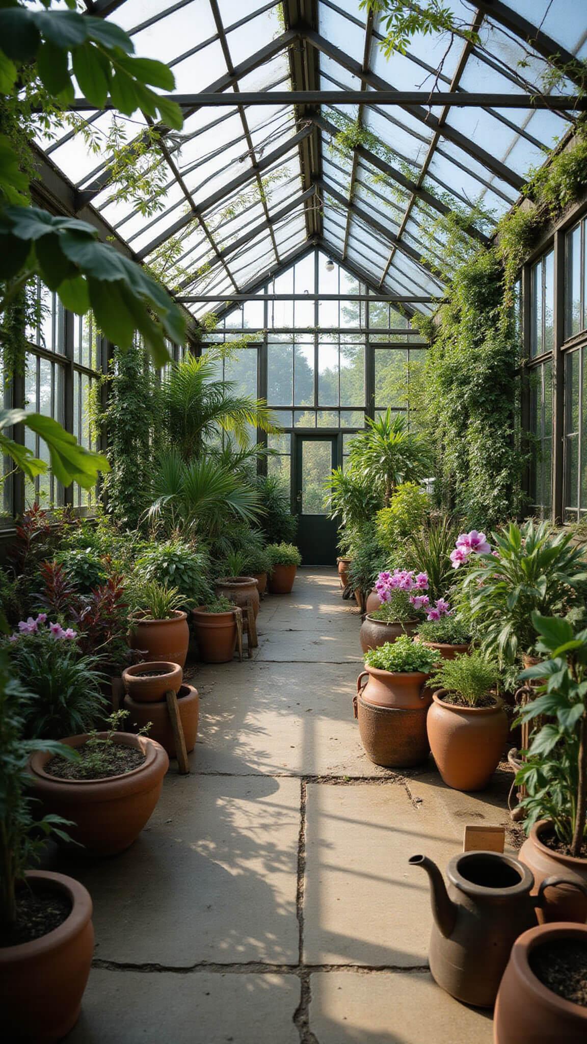 Wide-angle view of a lush greenhouse interior with terracotta pots, tropical plants, and vintage gardening tools under diffused midday sunlight.