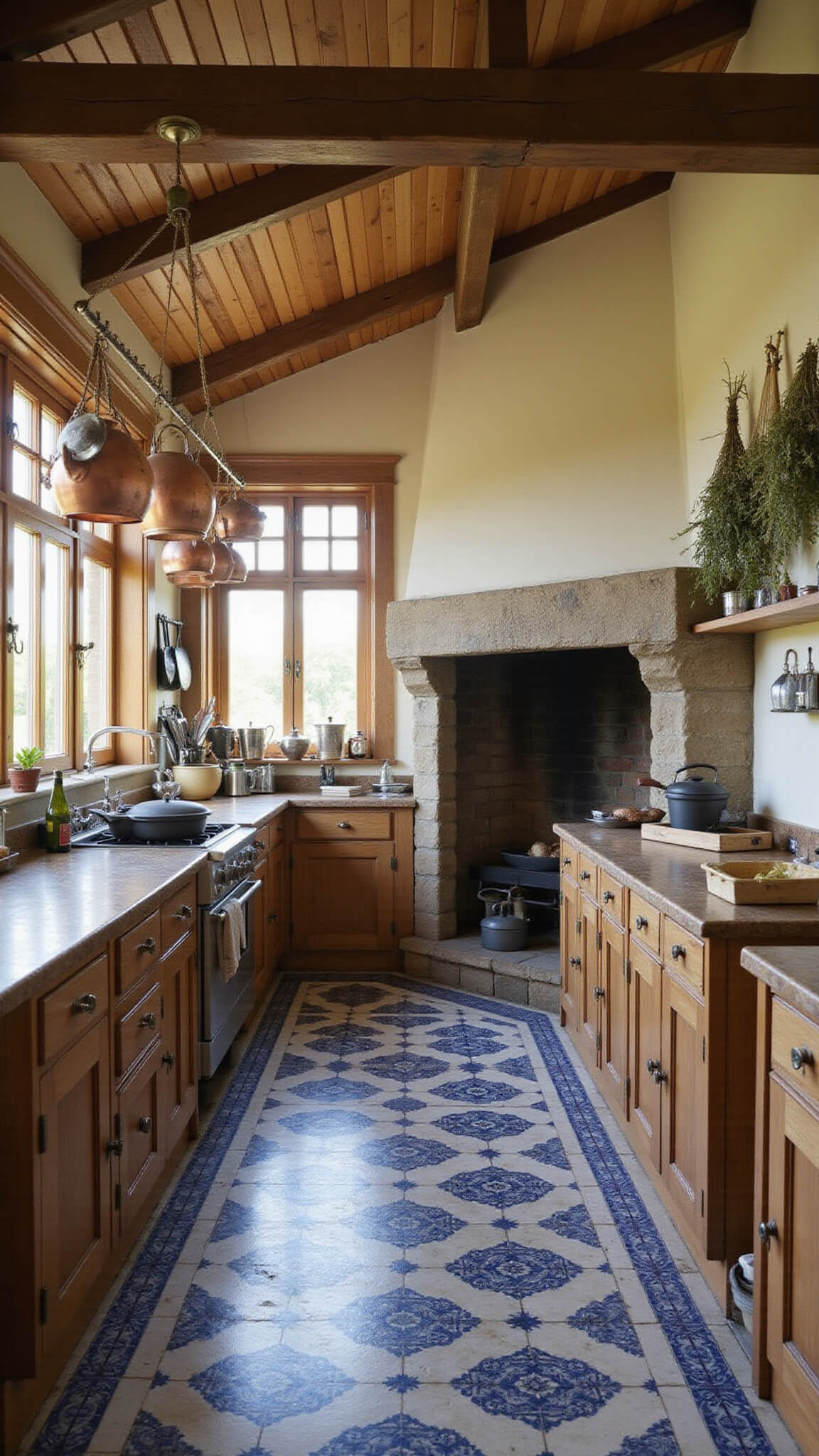 Rustic manor kitchen at sunrise with exposed beams, mullioned windows, worn wooden countertops, hanging copper pots, herb bundles, stone fireplace, and Delft tile accents.