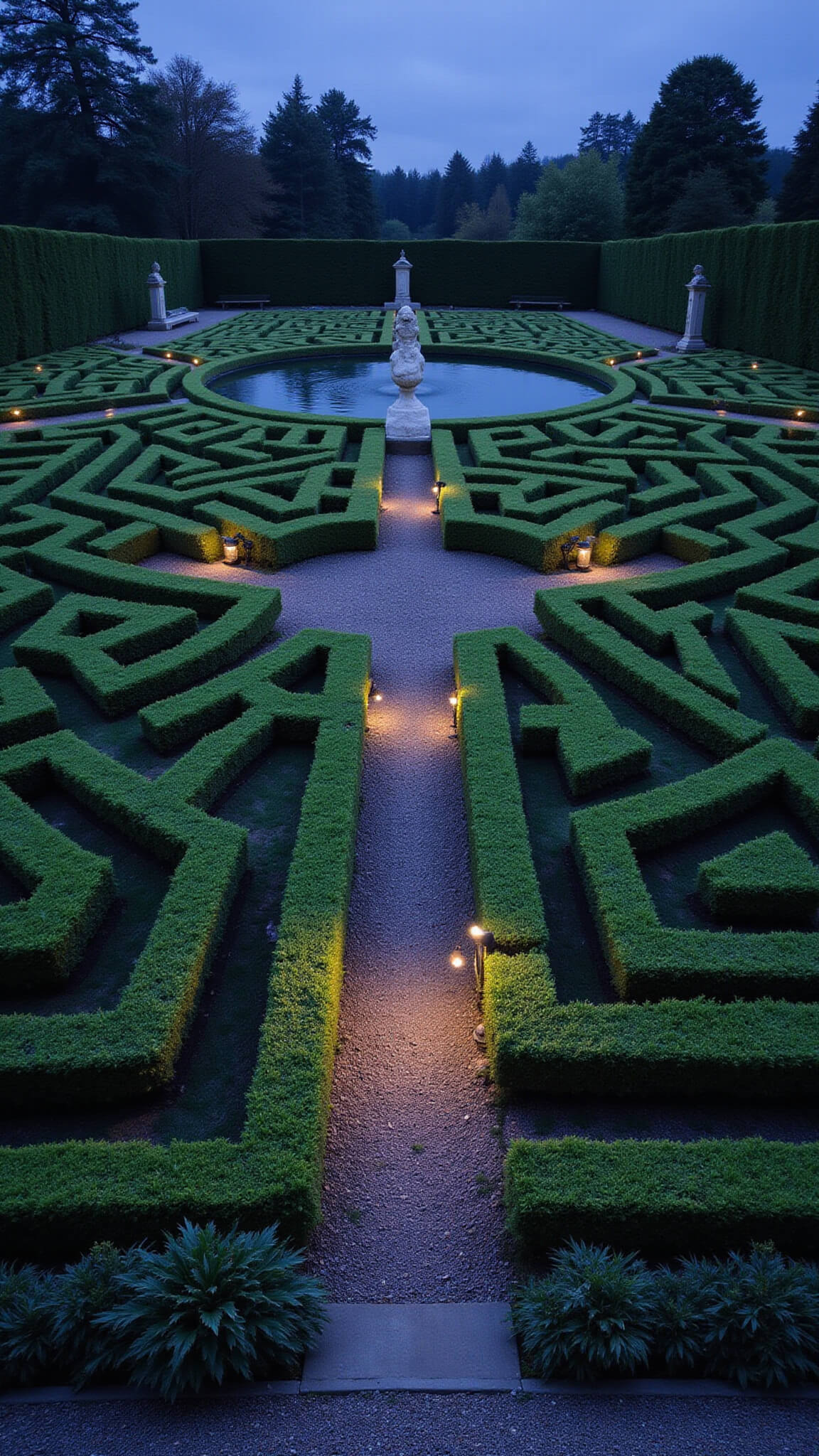 Aerial view of a garden maze at twilight with tall yew hedges, central fountain reflecting a purple-blue sky, mossy stone benches, hidden classical statues, gravel paths, and copper path lamps.