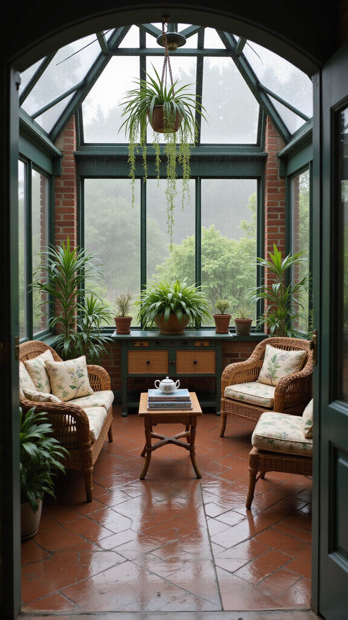 Cozy conservatory sitting room with wicker furniture, potted palms, and steamy glass ceiling on a rainy afternoon.