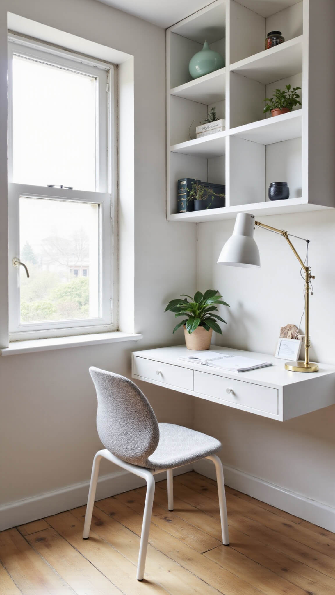Minimalist Scandinavian closet office with white floating desk, pale oak floors, vertical shelving, and soft morning light.