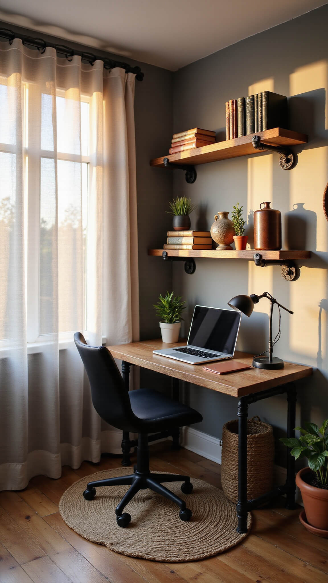 Corner home office nook with dark walnut desk, black pipe shelving, and leather chair, bathed in golden hour light with warm earth tones and copper accents.