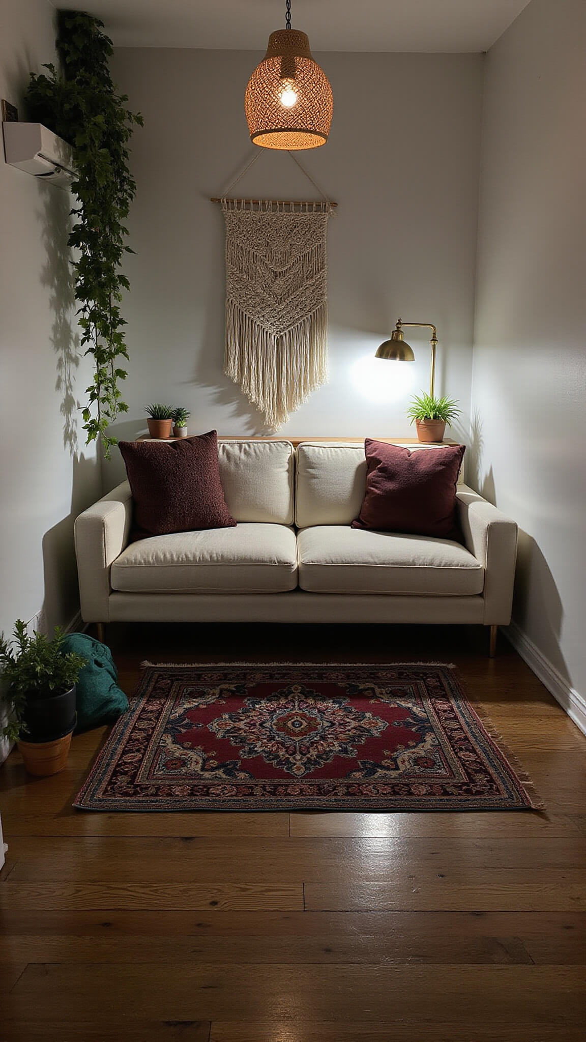 Behind-sofa workspace in studio apartment with brass and glass desk, boho decor, jewel tone accents, and moody blue hour lighting.