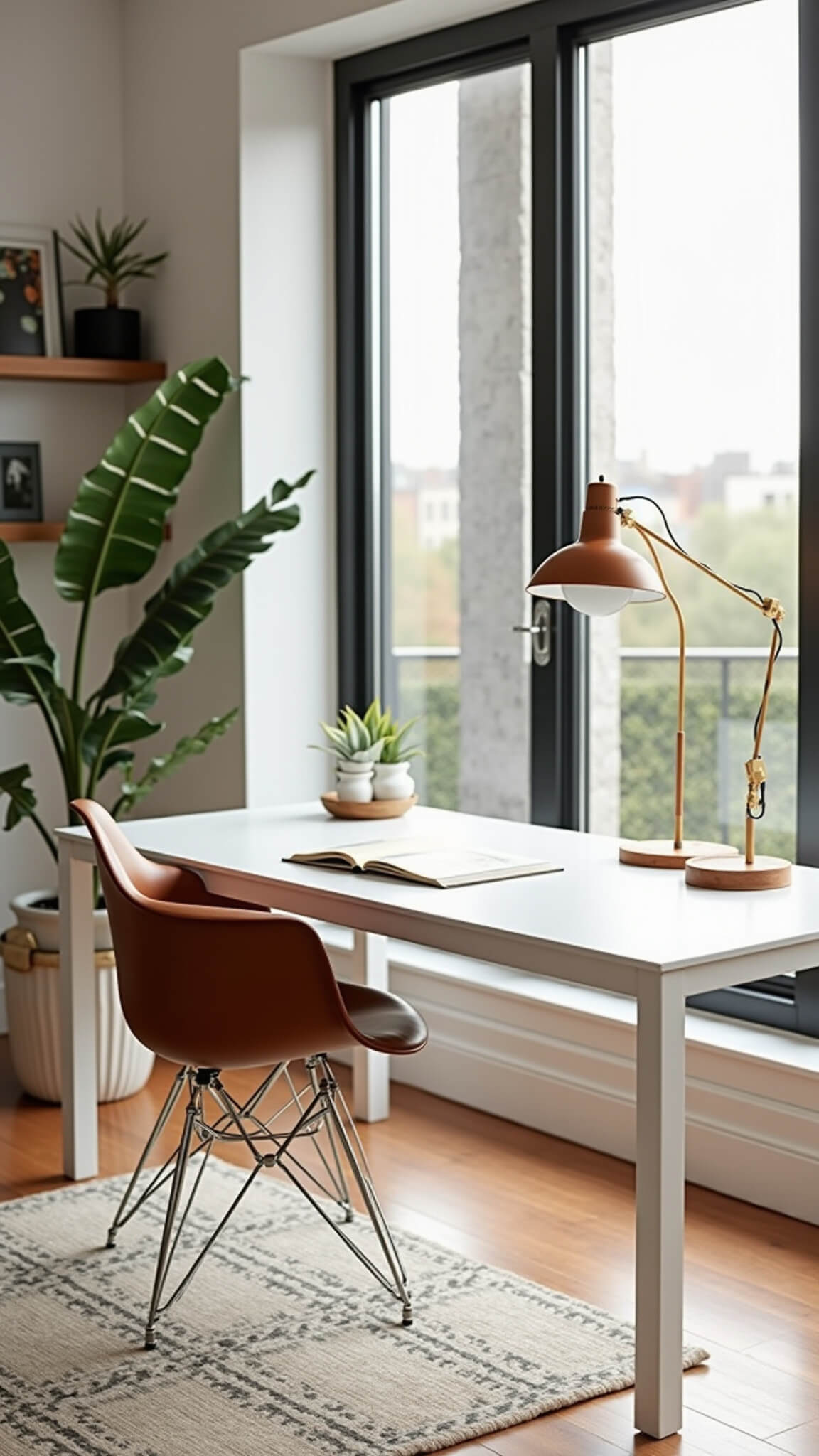 Morning-lit mid-century modern workspace with white Parsons desk, Eames-style chair, geometric rug, and fiddle leaf fig by floor-to-ceiling windows.
