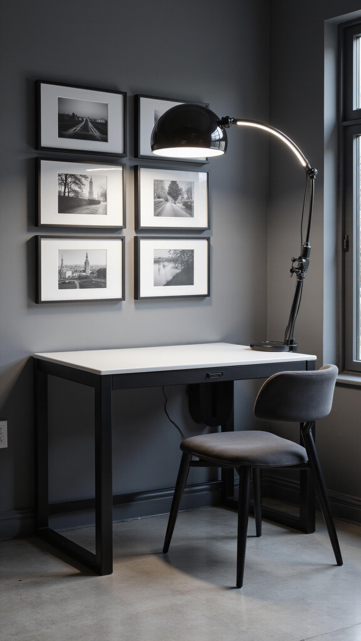 Contemporary 7x9ft windowless office with black steel and white desk, charcoal velvet chair, dramatic lighting from oversized arc lamp and LED strips, black and white photo gallery wall, and hidden storage in a cool gray and black palette.
