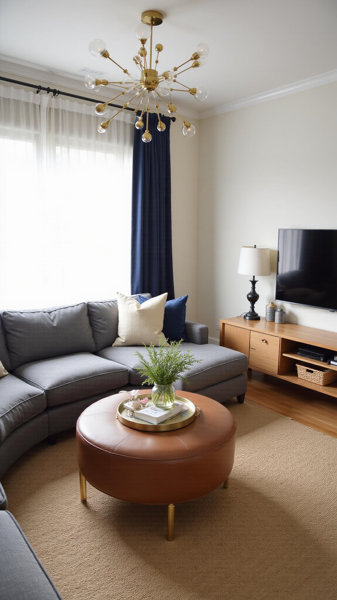Compact 12x14ft living room with curved gray sectional, cognac leather ottoman, brass-legged furniture, and layered lighting; sunlight filters through sheer curtains onto jute rug, velvet pillows, and woven baskets under floating media console.